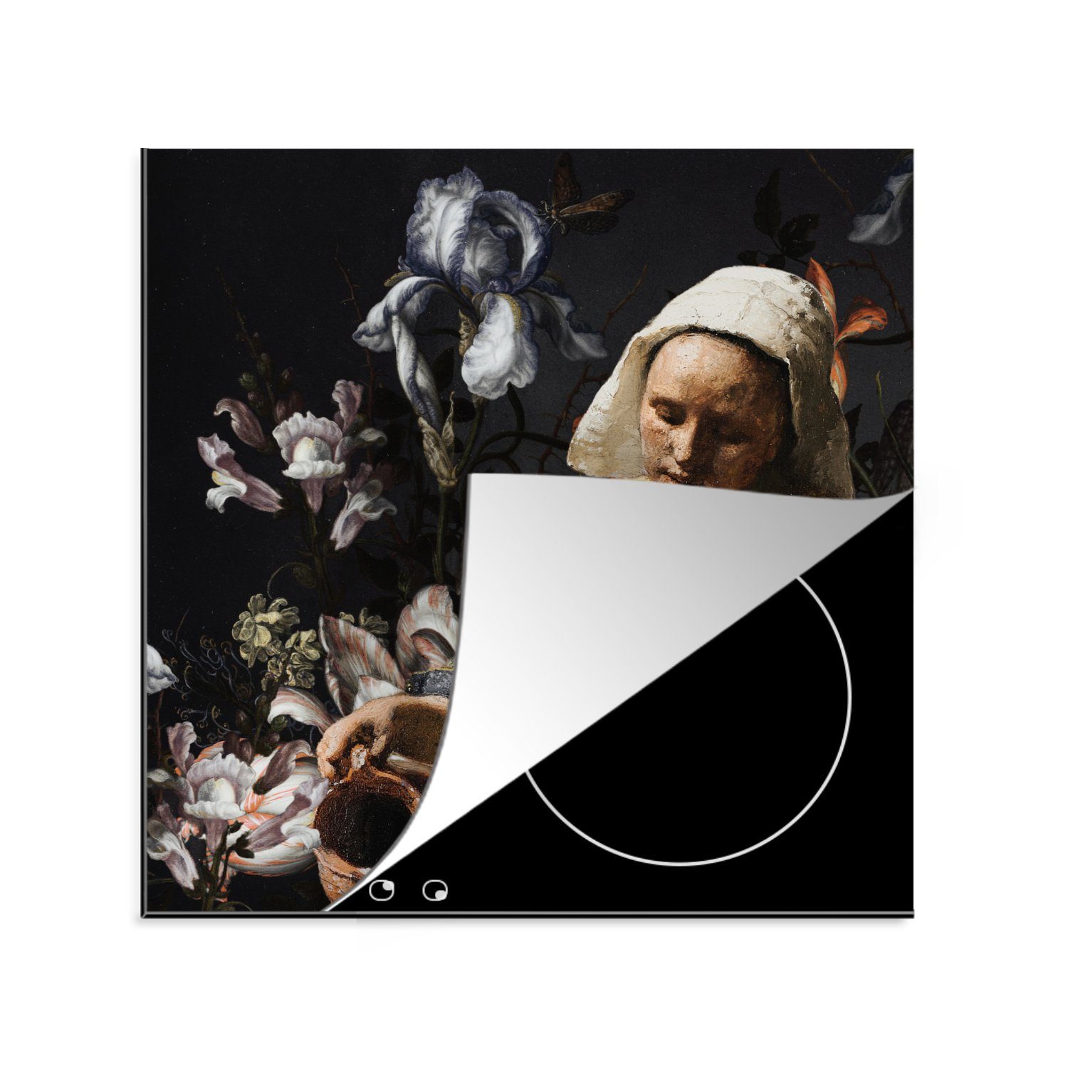 MuchoWow Herdblende-/Abdeckplatte Milchmädchen - Johannes Vermeer - Blumen, Vinyl, (1 tlg), 78x78 cm, Ceranfeldabdeckung, Arbeitsplatte für küche