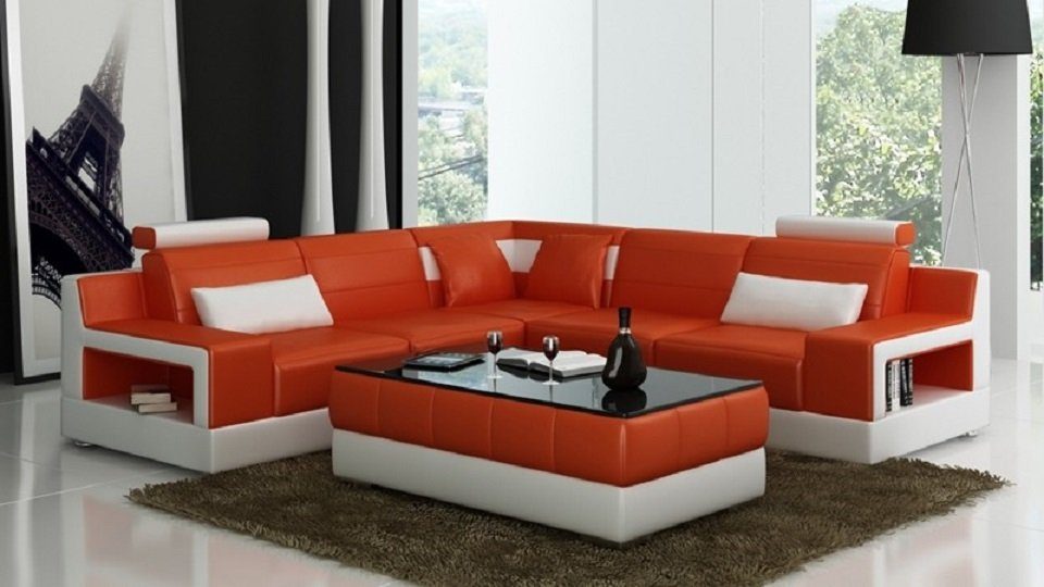 JVmoebel Ecksofa Designer Sofa Couch Ecksofa Hocker Polster Wohnlandschaft L-Form, Made in Europe Orange/Weiß