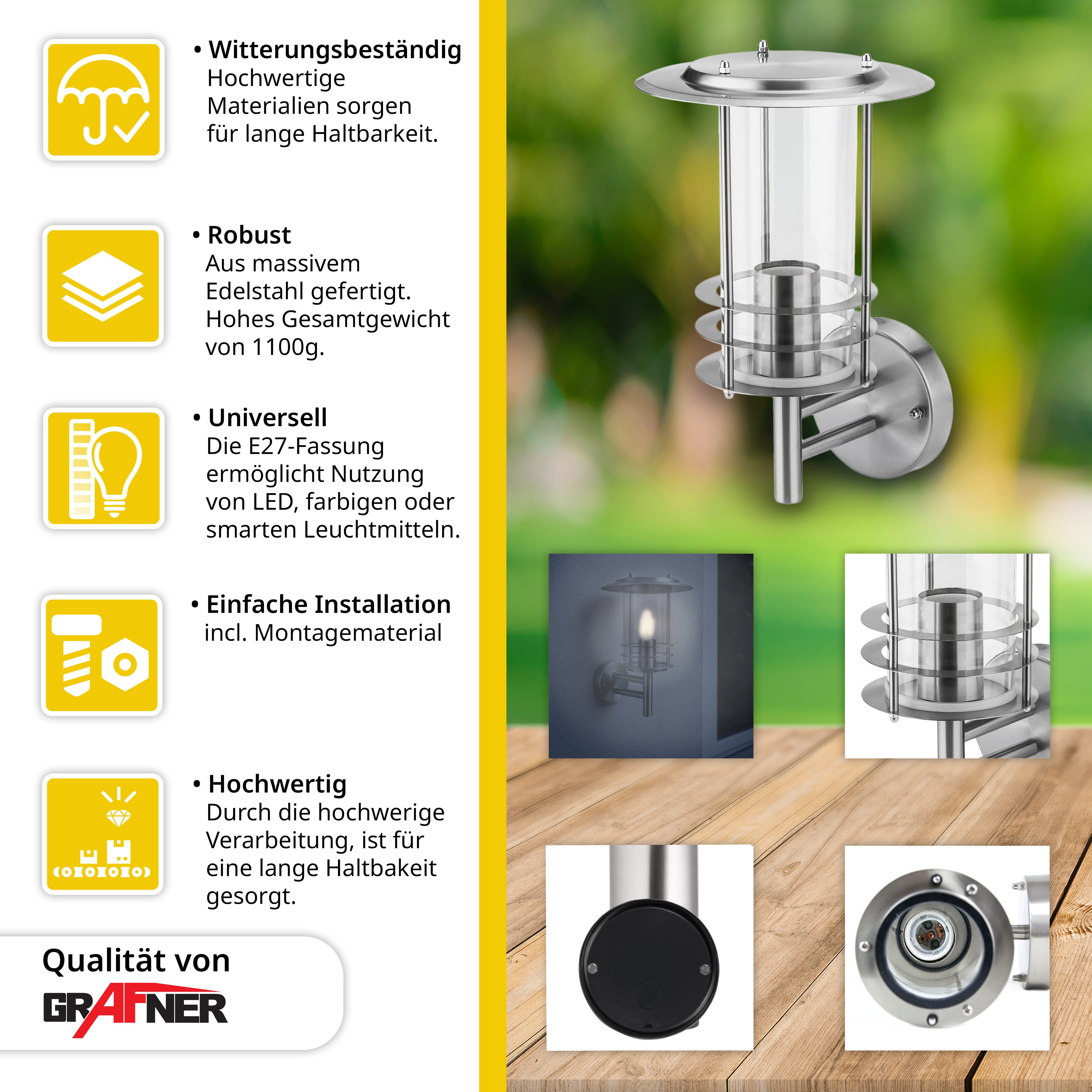 Grafner Außen-Wandleuchte Wandlampe 17WB Wandleuchte Edelstahl Hofleuchte, günstig online kaufen
