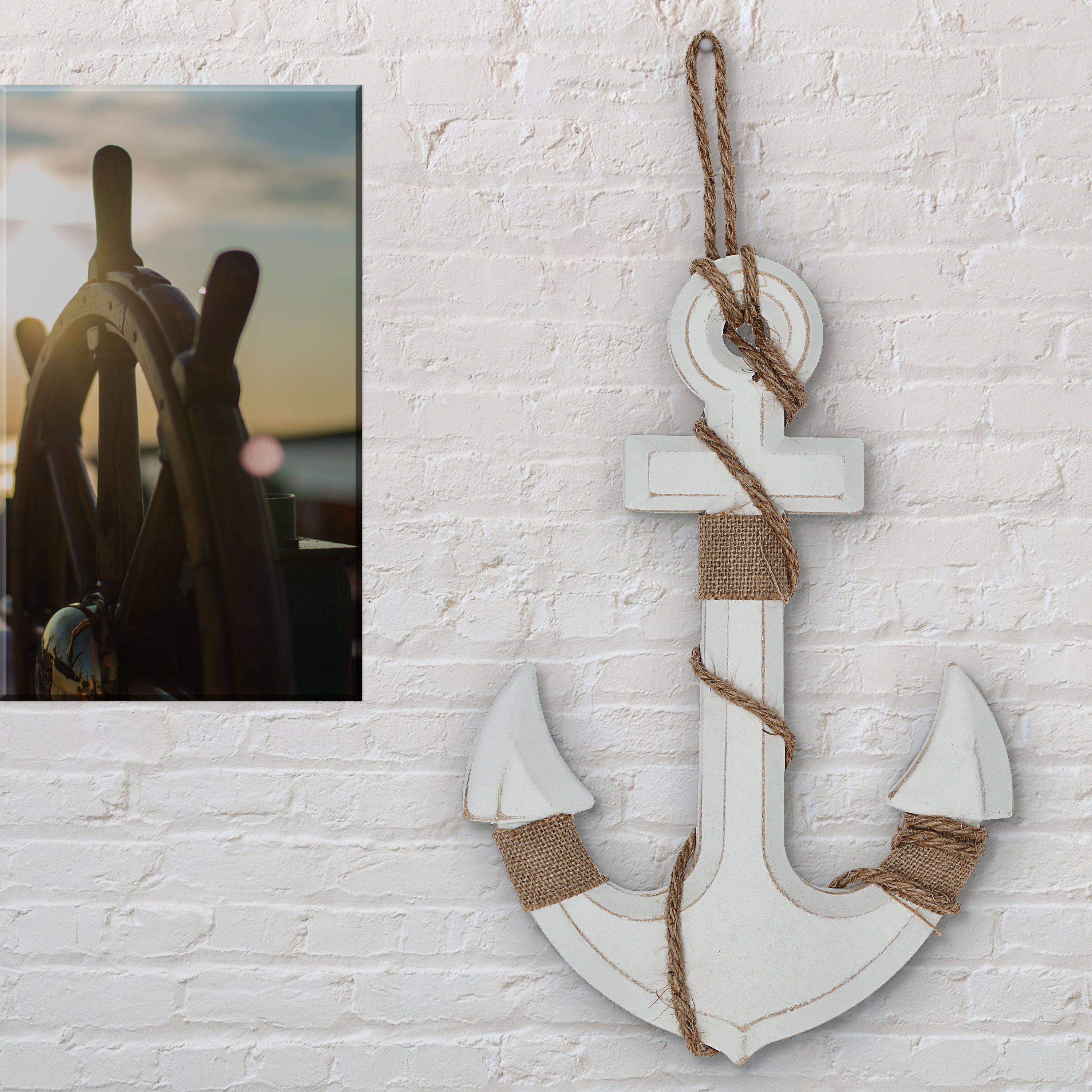 CEPEWA Dekoobjekt Deko Anker mit Tau 32x32x1cm weiß Antikfinish maritim Schiffsanker – Bild 4 von 5