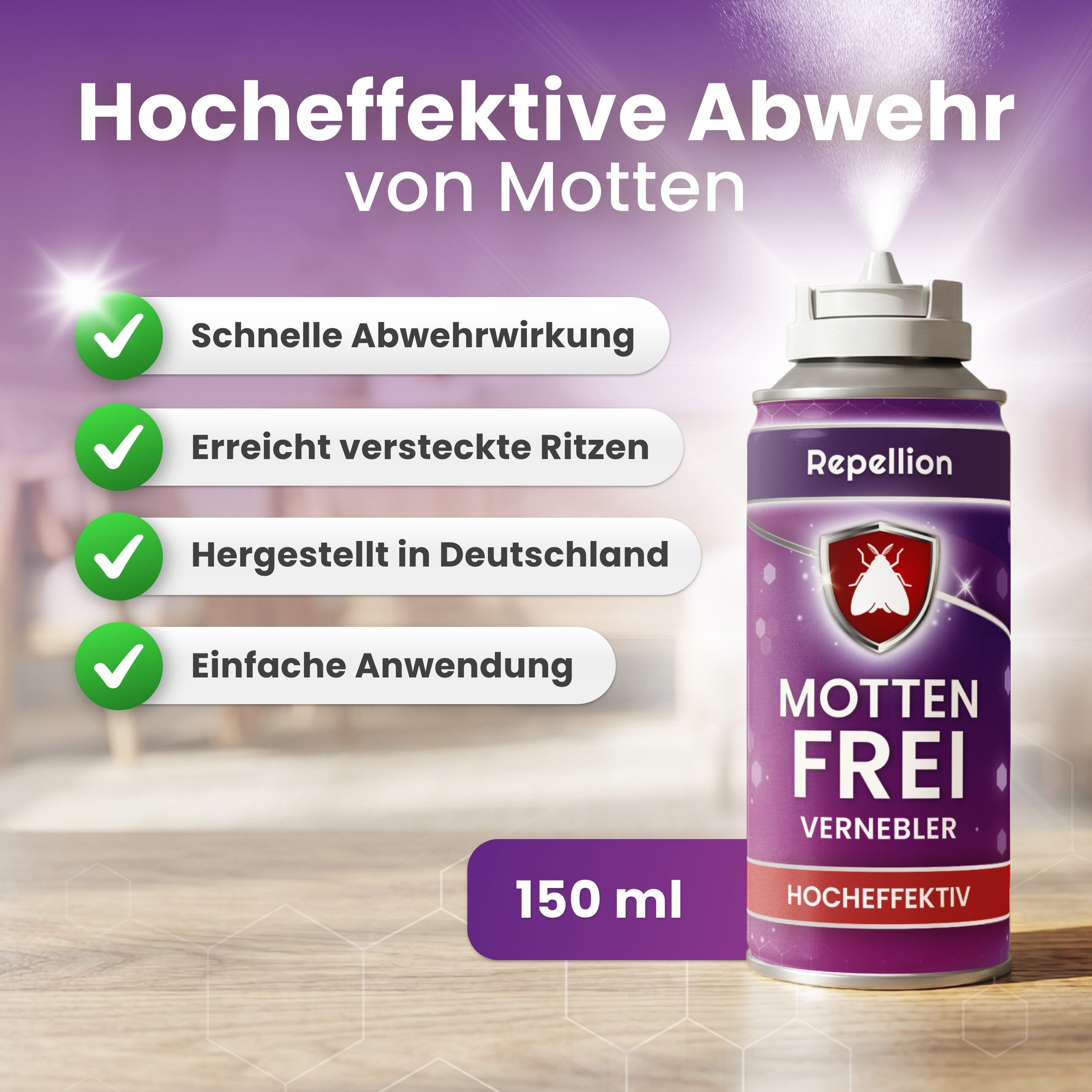 Repellion Insektenspray Motten Fogger für Wohnräume gegen Motten & Mottennebel, 150 ml, zur Raumbehandlung, Automatische Insektenbombe gegen Kleidermotten & Lebensmittelmotten