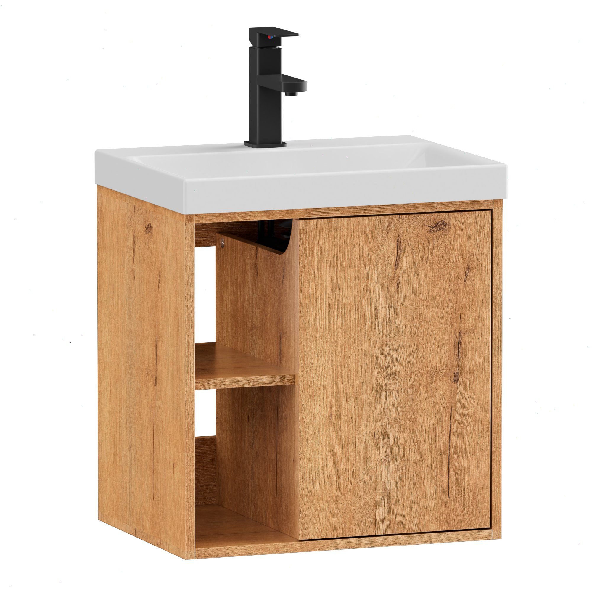 UEV Waschtisch klein Waschbecken mit Unterschrank set Badmöbel Gäste-WC hängend 50cm (Waschplatz ausreichend Stauraum,Badmöbel Set für Badezimmer, Unterschrank mit Harzbecken Wasserhahn Pop-up-Ablassventil), Waschtischunterschrank hängend Breit 50cm