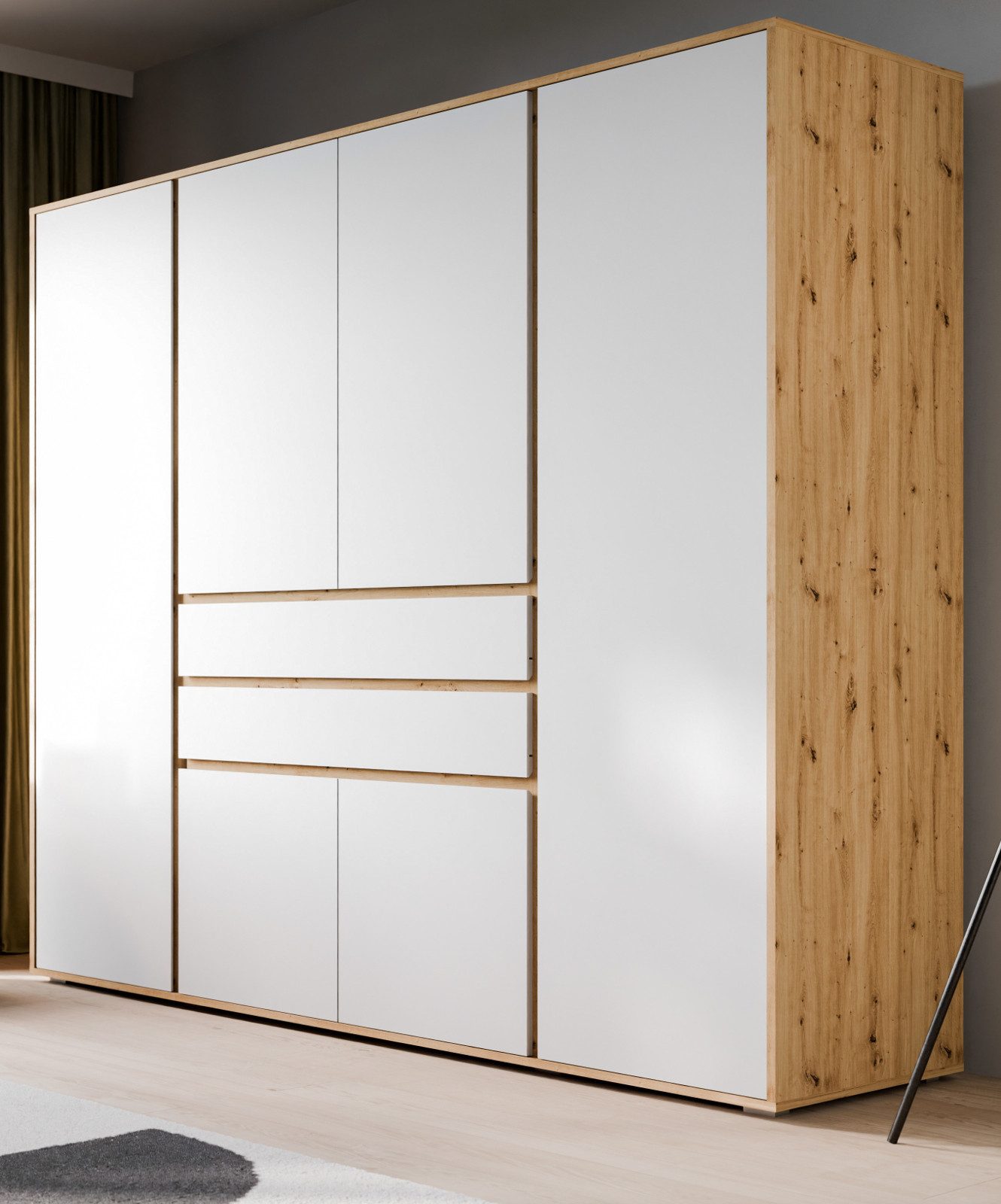 Inn.Furn Kleiderschrank Forssa (6-türiger Drehtürenschrank in Weiß und Eiche Artisan, 197 x 194 cm) 9 Fächer, 3 Kleiderstangen und 2 große Vollauszug-Schubladen