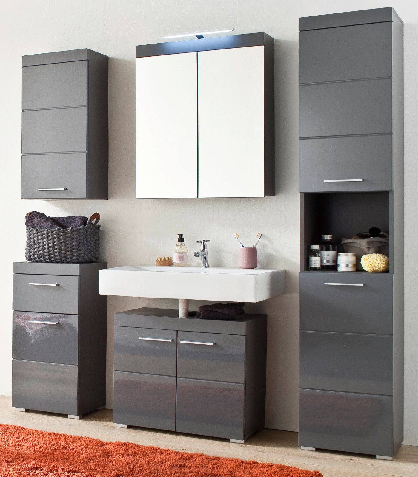 trendteam Badmöbel-Set Amanda, (Badset in grau 5-teilig, Breite ca. 160 cm), Hochglanz