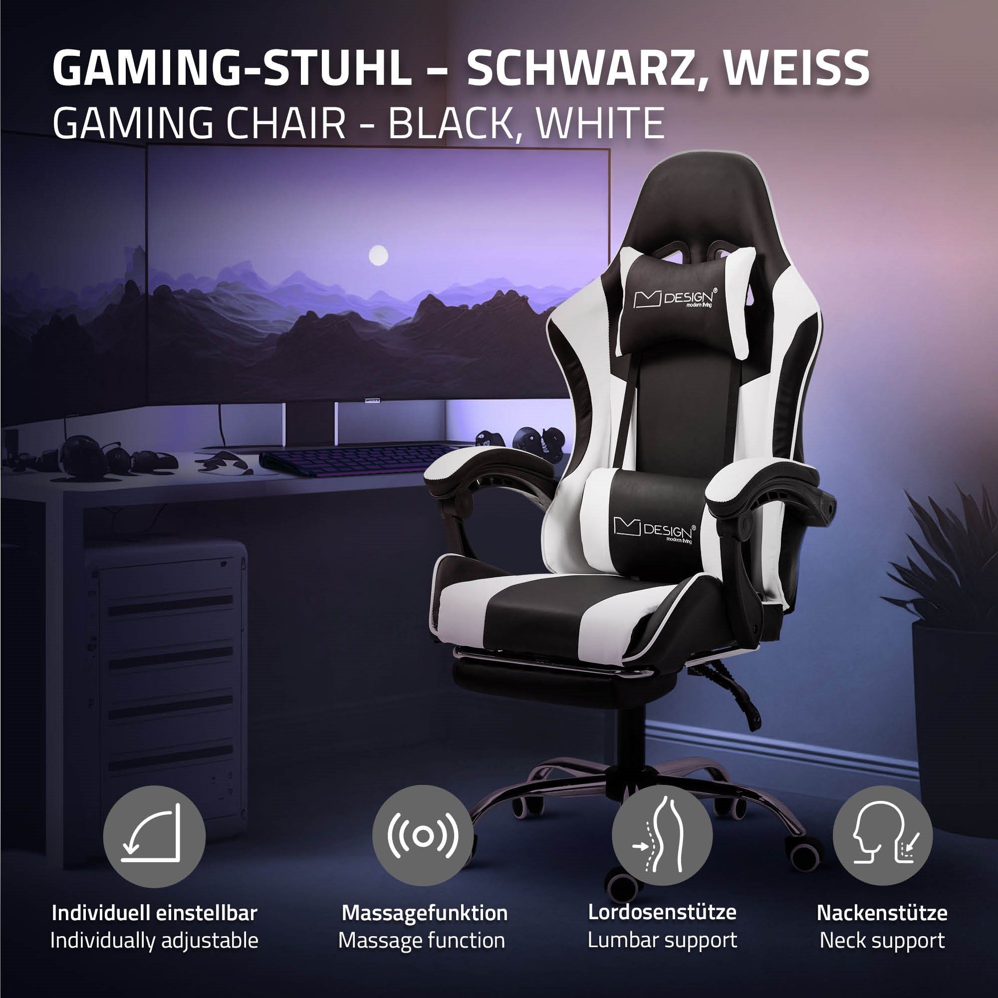 PU-Leder, Armlehne, mit aus Racing Bürostuhl, Kopfstütze, verstellbar, Gamingstuhl Gaming-Stuhl Fußstütze ML-DESIGN Massage Weiß Lendenkissen, Gamer Stuhl