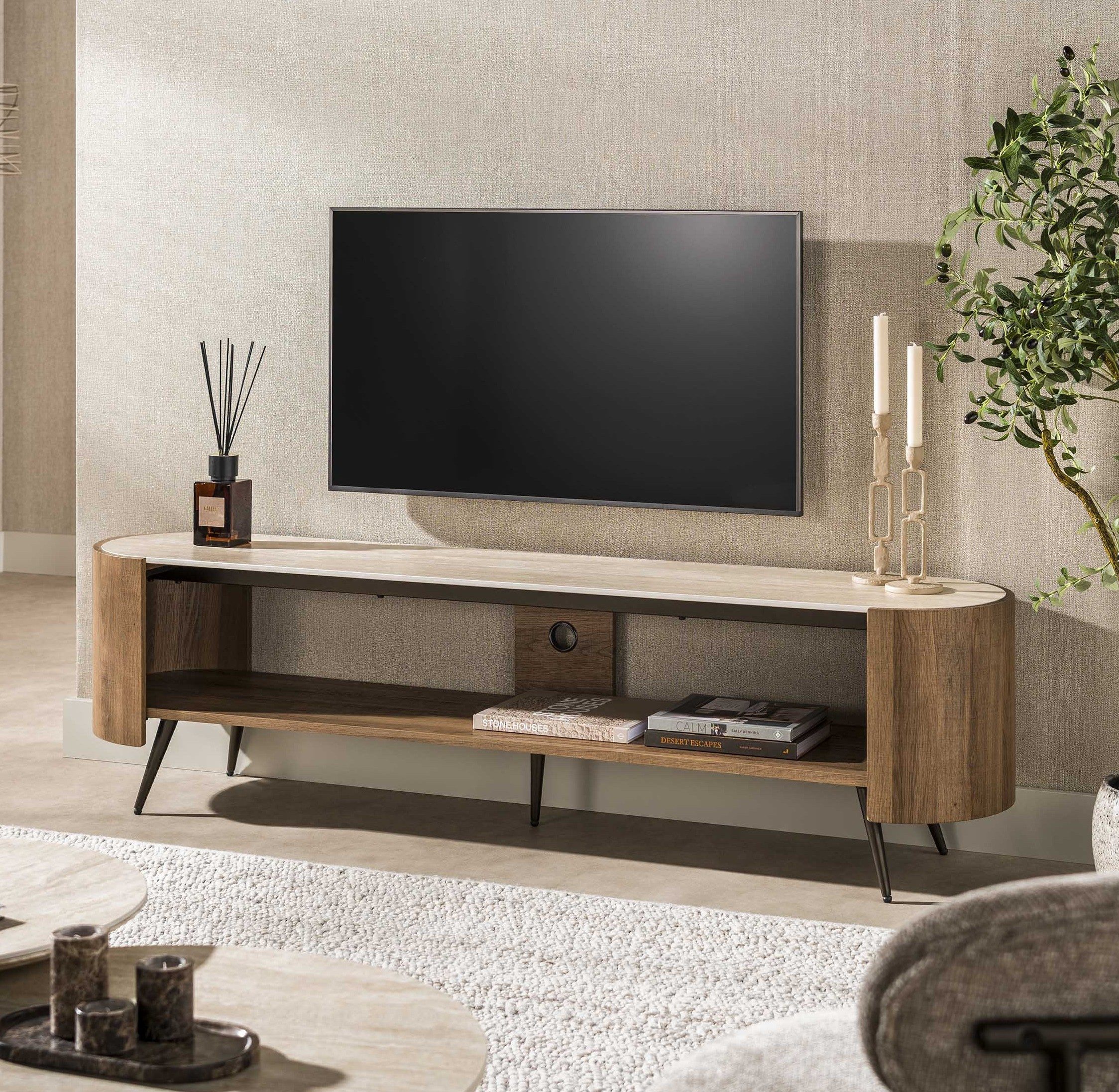Maison ESTO TV-Schrank TV-Board Lowboard MALIO 180 cm Keramik Travertin Optik braun hochwertige Keramikplatte in Travertin Optik