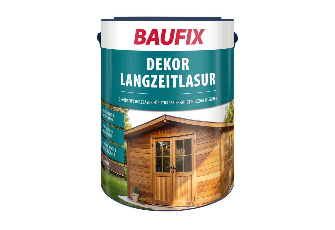 Baufix Holzschutzlasur Langzeitlasur seidenglänzend, 5 Liter für ca. 50m², Holzlasur, Witterungs- & UV-beständig für Nadel- & Harthölzer im Außenbereich