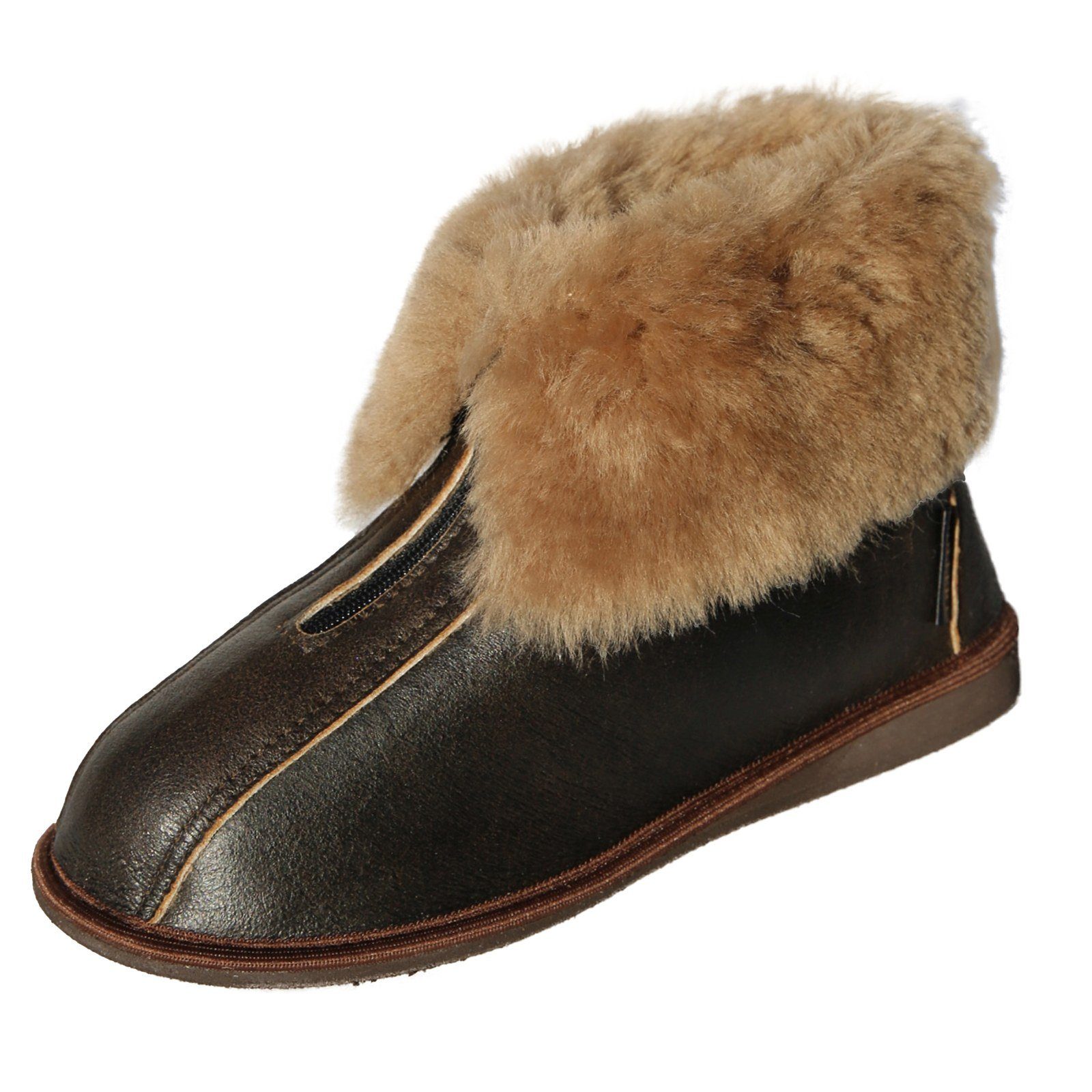 Hollert Hausschuh Alaska Dunkelbraun Fellschuhe Echtleder Merino Schaffell