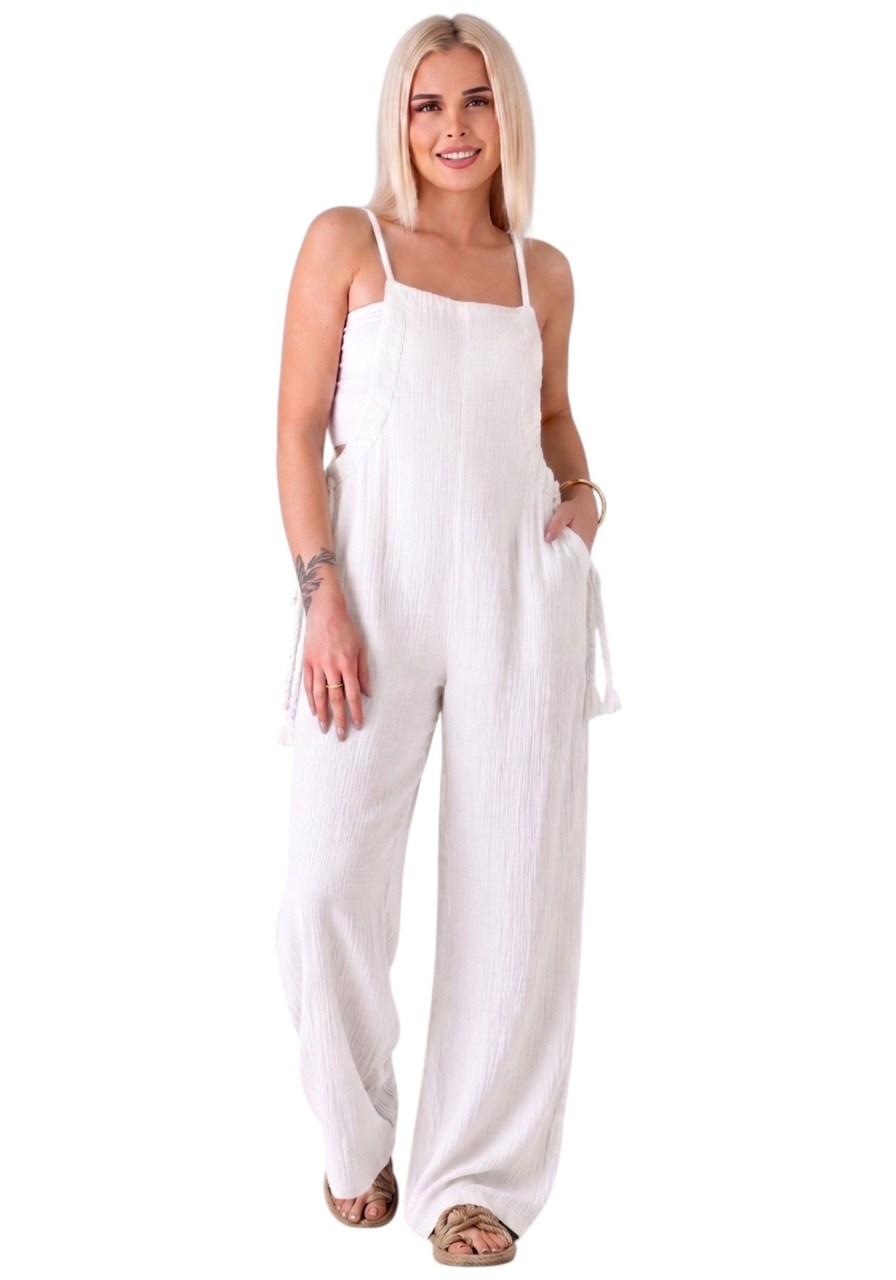 WENOR Overall Damen Jumpsuit Musselin mit Flechtträgern – locker & größenverstellbar Geflochtene, verstellbare Träger; weite Beinform