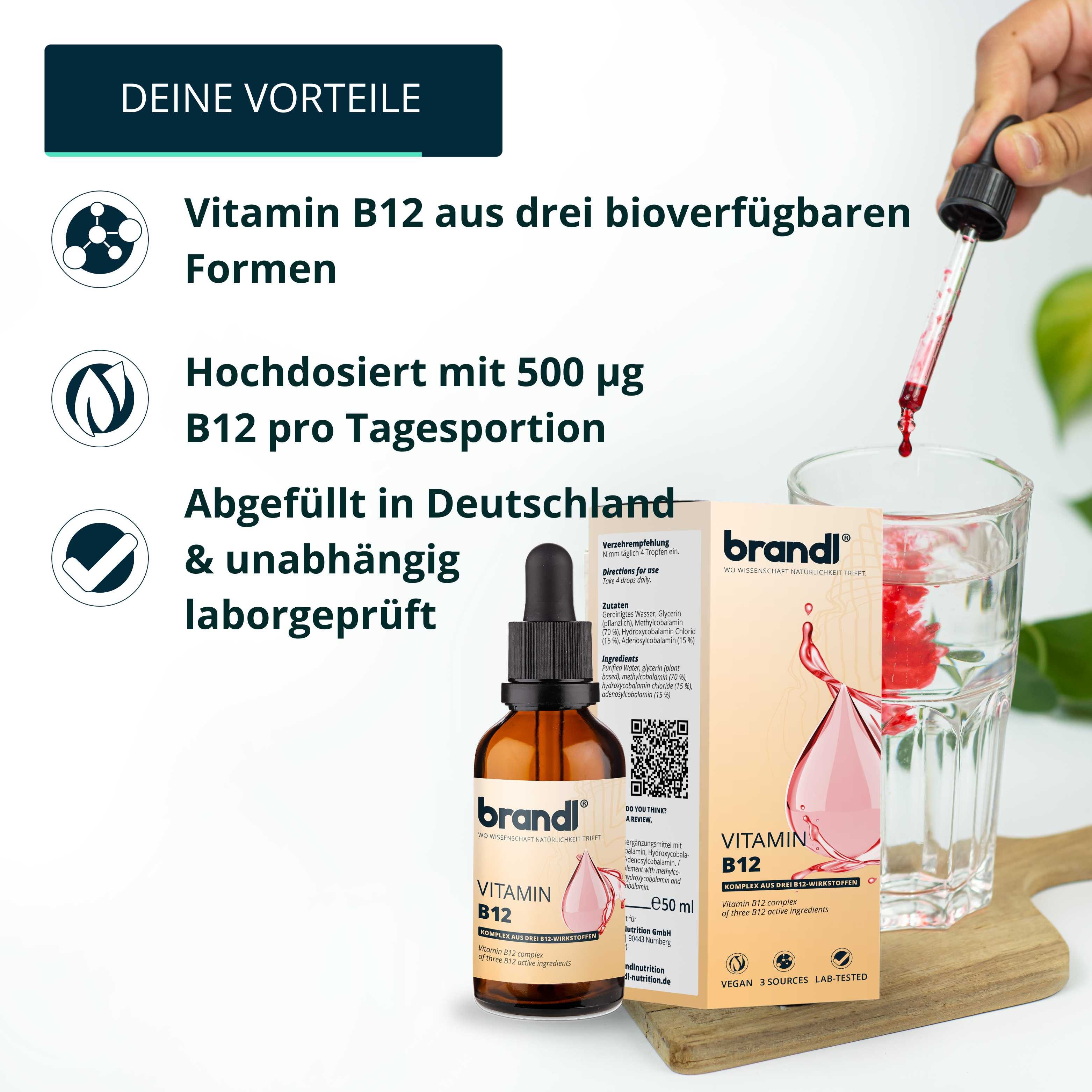 Brandl Nutrition B12 Vitamin Tropfen hochdosiert - 3 Aktivformen für Bioverfügbarkeit Flüßigkeit, Vegan & alkoholfrei mit pflanzlichem Glycerin ohne Zusatzstoffe