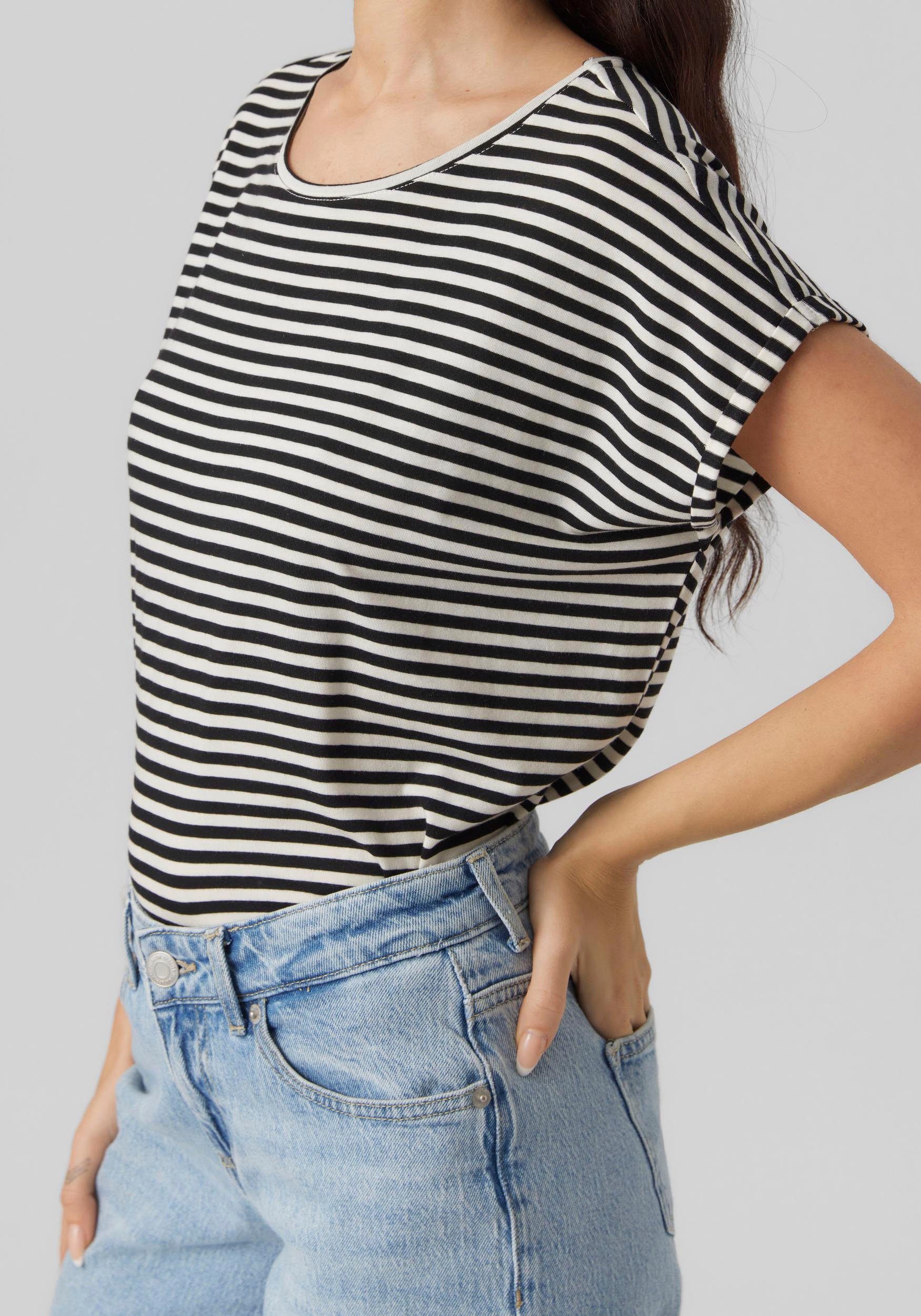 Vero Moda Rundhalsshirt VMAVA STRIPE Stripes PLAIN NOOS TOP GA Black SS JRS