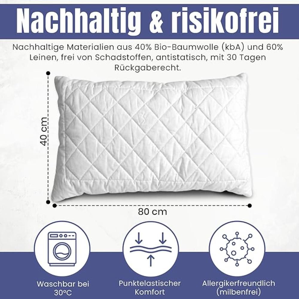 geborgenschlafen Naturkissen Naturlatex Kopfkissen – Schlafkissen mit Naturlatexflocken, Füllung: Naturlatexflocken, Bezug: 40 % Baumwolle (kbA) und 60 % Leinen, Seitenschläfer, Rückenschläfer, Bauchschläfer, 40 cm x 80 cm, Höhe: ca. 12 cm - Höhenverstellbar