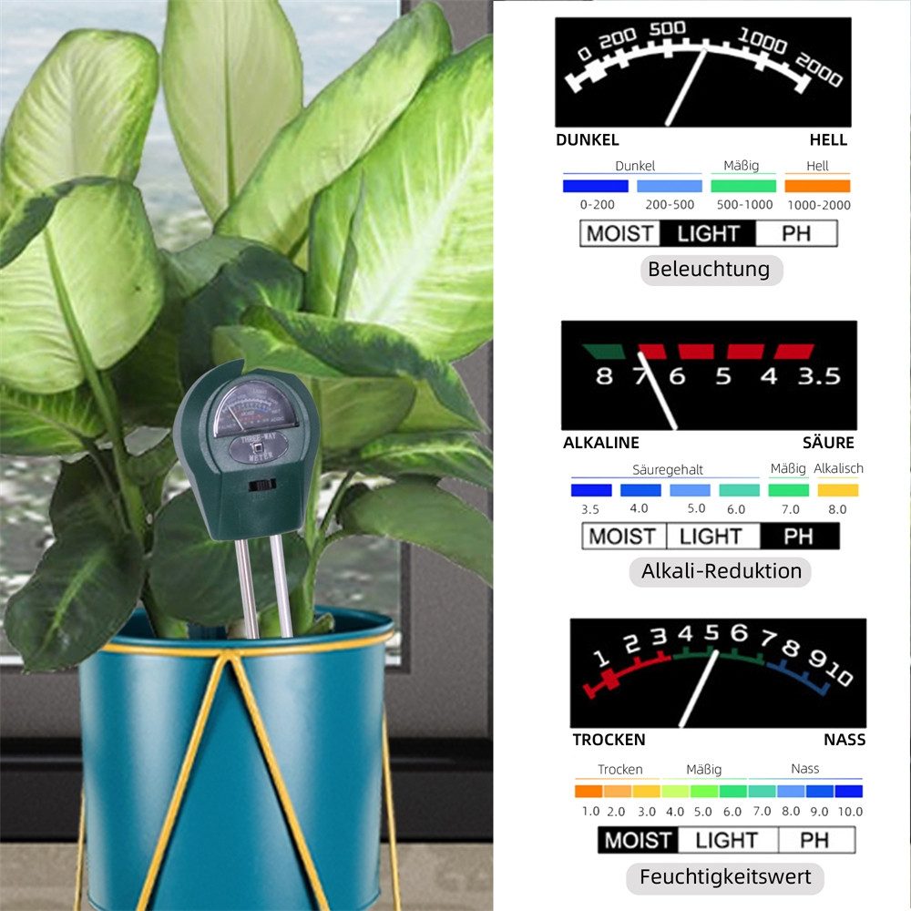 Melko Feuchtigkeitsmesser 3-in-1 Bodenmessgerät für Pflanzen ohne Batterie Feuchte pH Licht, (Set bestehend aus 1 Bodenmessgerät), Batterieloser Betrieb mit analoger 3-in-1 Anzeige