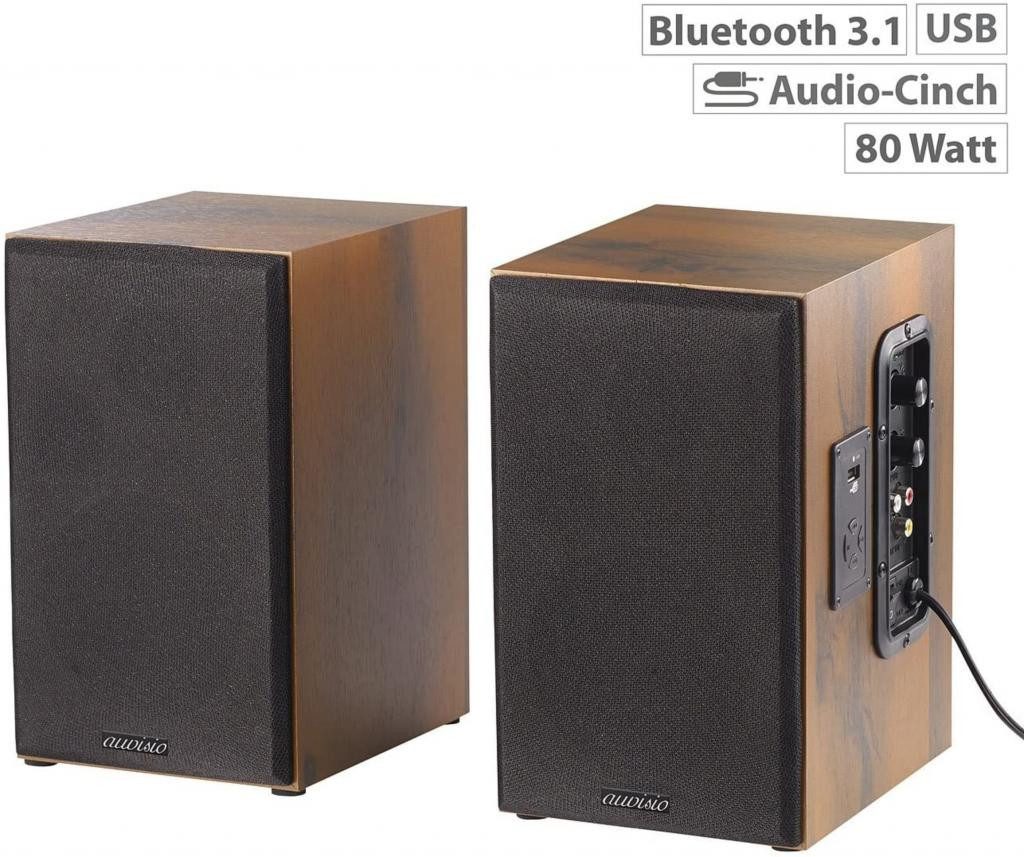 auvisio MSS-90.usb Holz-Lautsprecher Bluetooth 2-Wege Stereo 34 W Regal-Lautsprecher (Bluetooth, 34 W, 2-Wege-Soundsystem mit je einem Hoch- und Tieftöner)