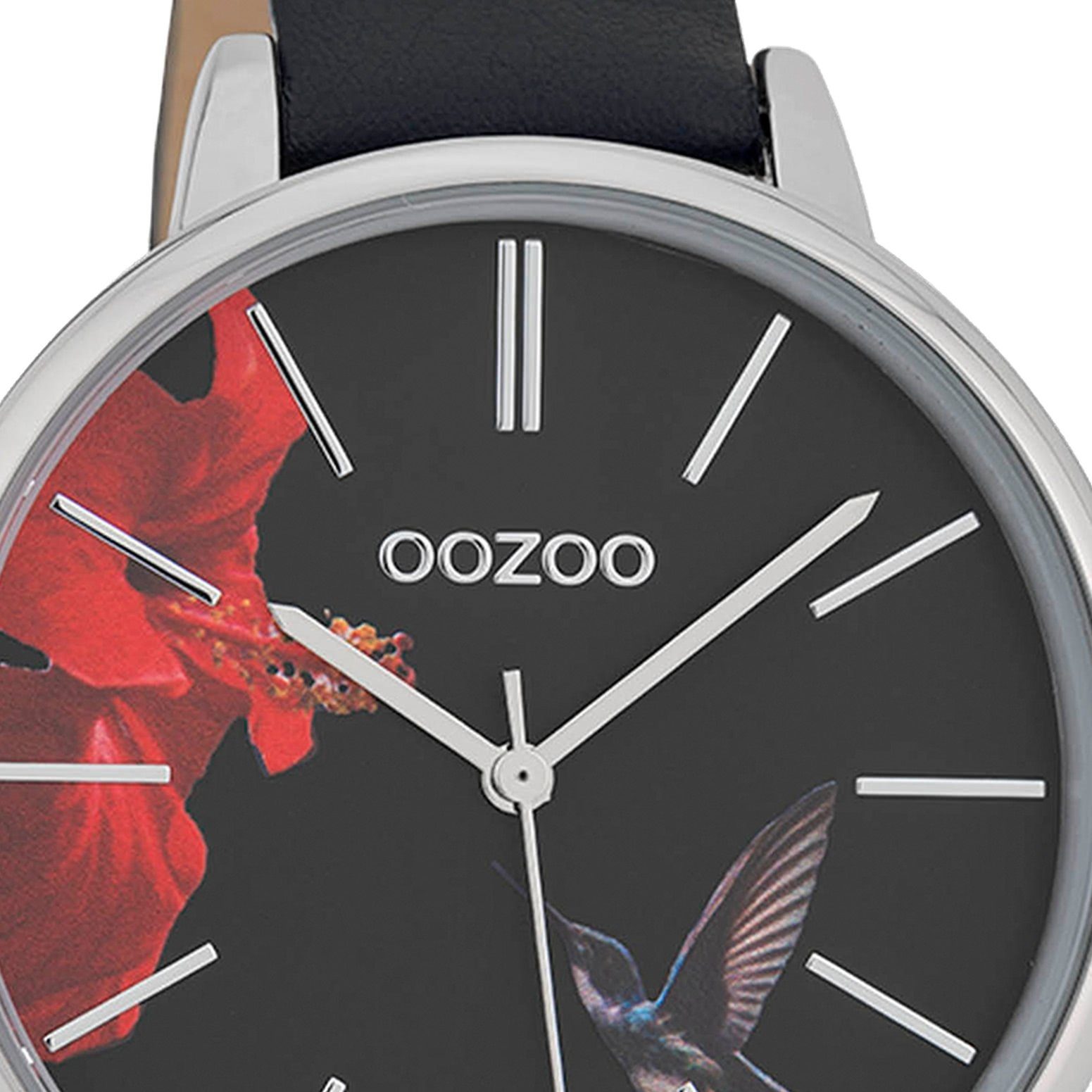 Analog, Fashion-Style, OOZOO Vogel auf Oozoo groß Damen Damenuhr schwarz rund, Lederarmband, 42mm) Armbanduhr (ca. Motiv Quarzuhr Ziffernblatt