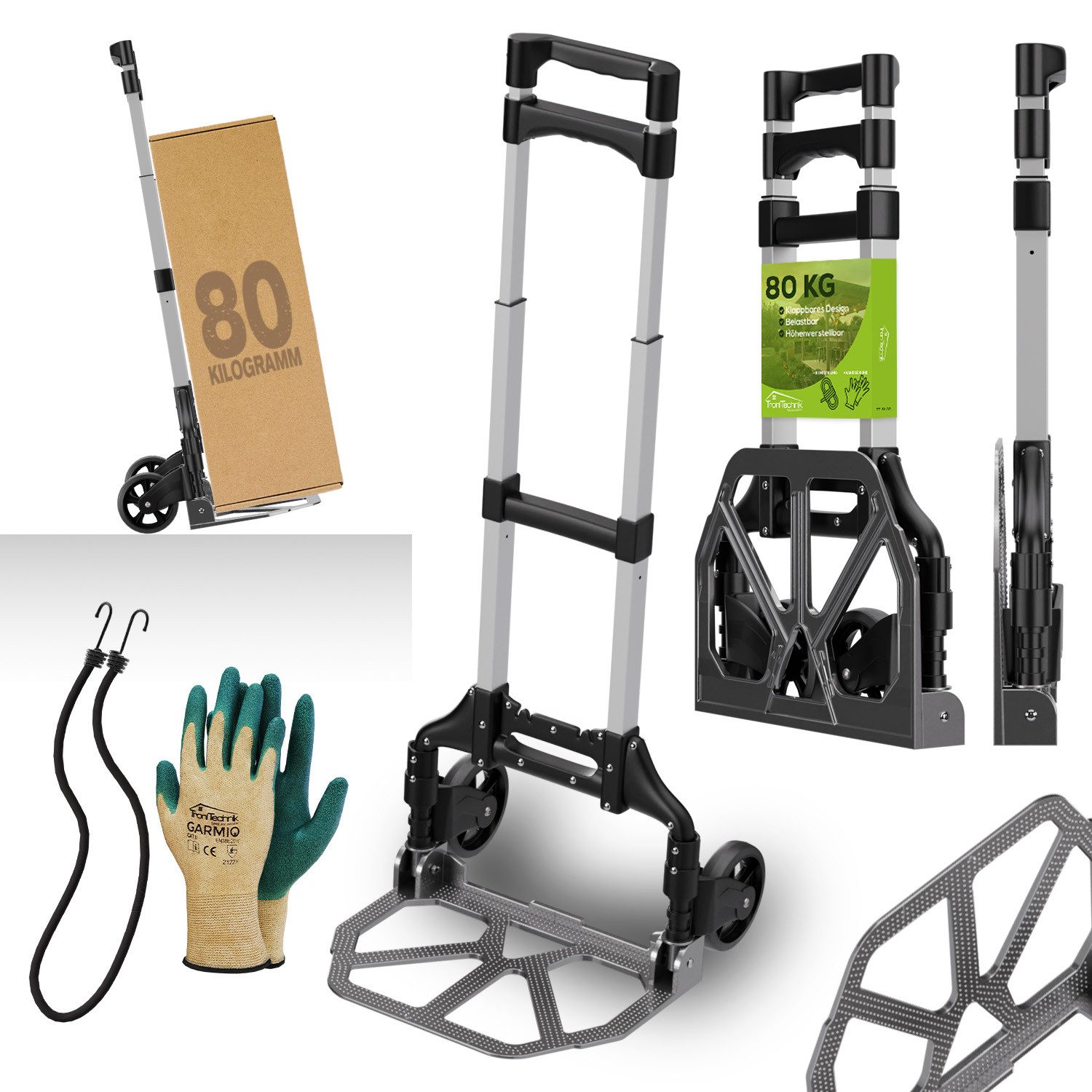 TroniTechnik Sackkarre Transportkarre Handkarre Handwagen, klappbar bis 80kg Tragfähigkeit, (Transportkarre mit rutschfester Transportfläche und Tragegriff, BxTxH 39x40x100cm mit Spanngummiseil für sicheren Transport), faltbar, Transportkarre, mit verstellbaren Griff