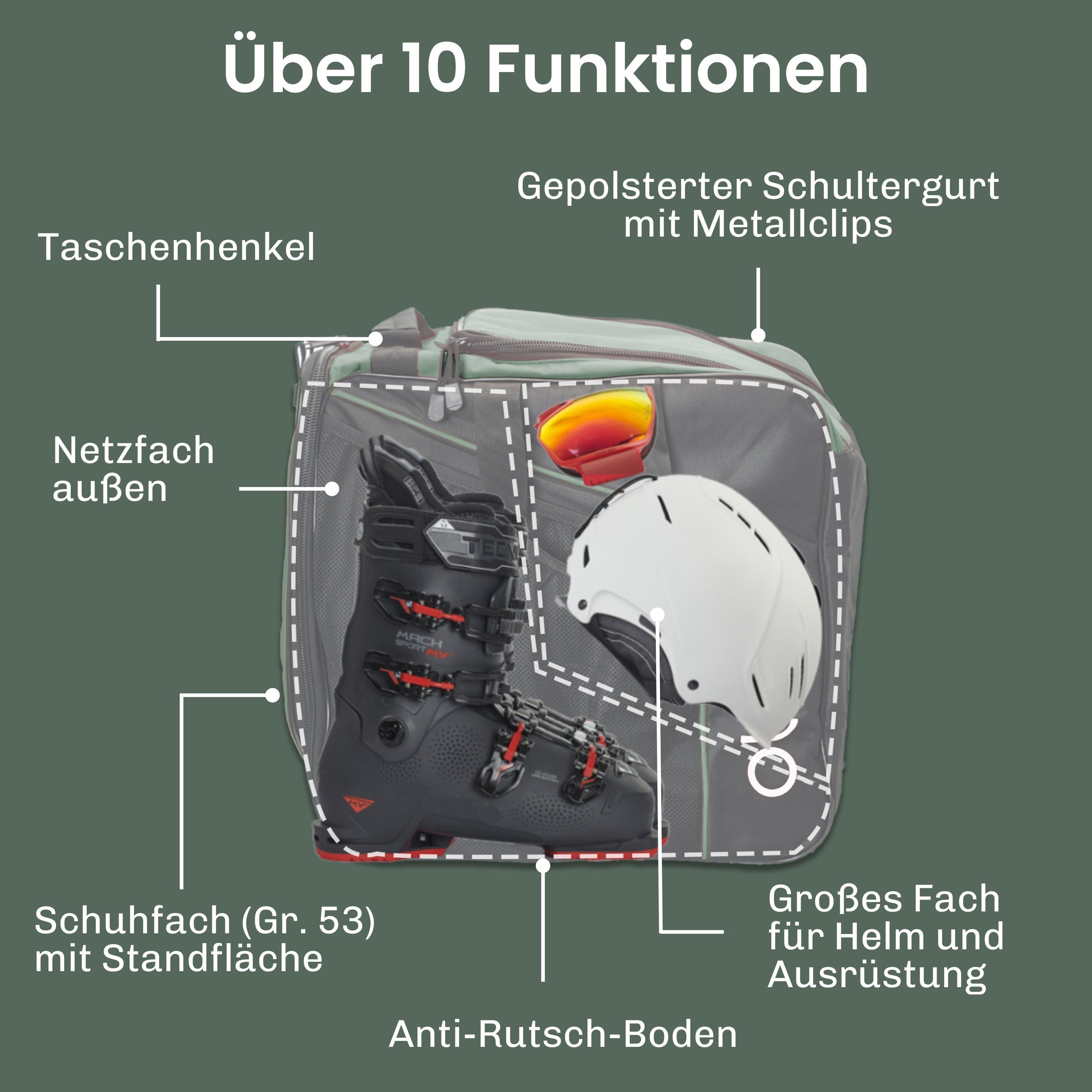 durchdacht, für 2 Ski Paar für 2 Set: Sporttasche Stöcke) Schwarz + Ski & Tannengrün Ausrüstung, Perfekt für ausklappbare Paar Standfläche, (Schutz Skischuhtasche Skitasche, Classic-Set Otaro deine