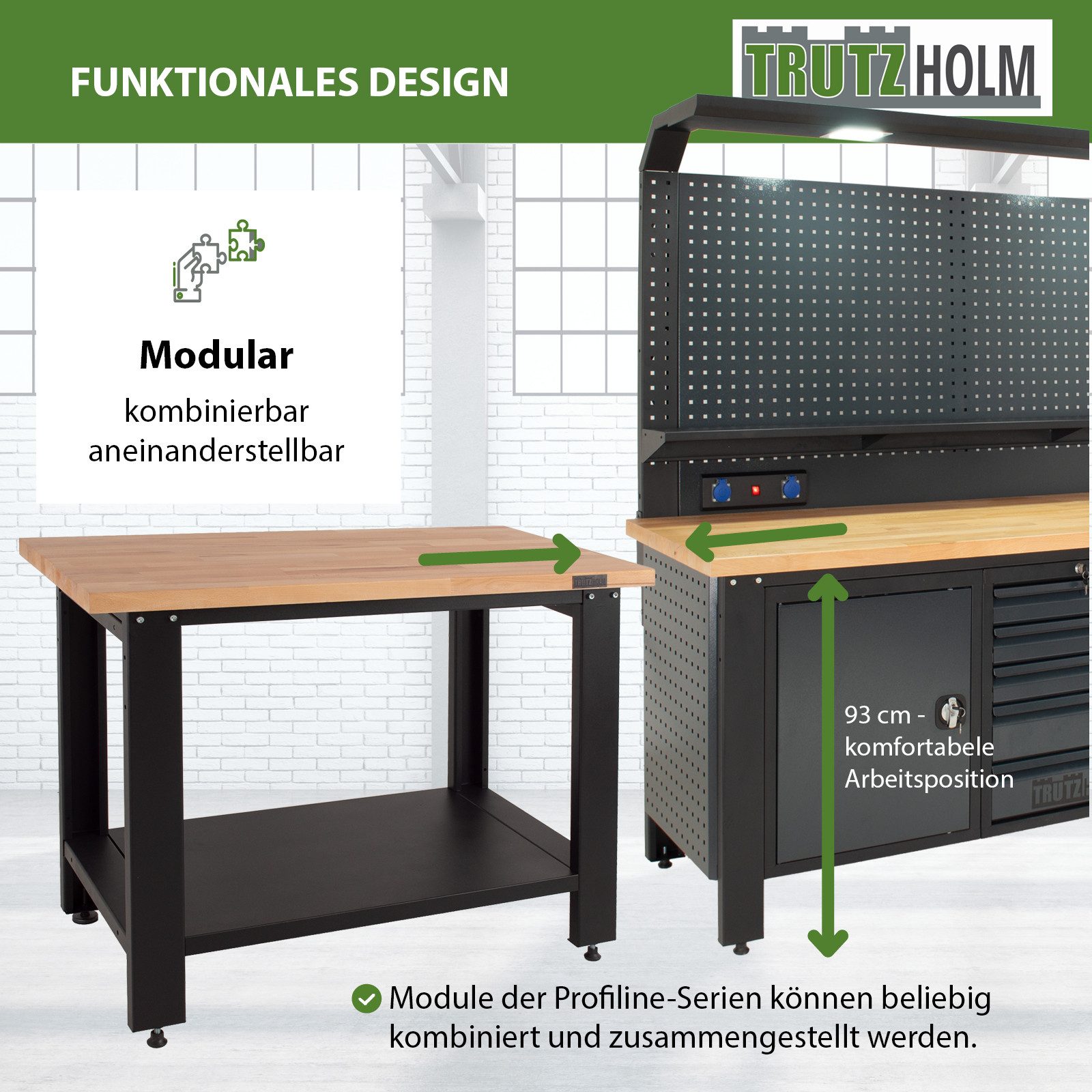 TRUTZHOLM Werkbank Werkbank Profiline XL freistehend modular ca.1,7 m robust Stahl Holz, (Artikel, 1-tlg), elektrostatischen Pulverbeschichtung in RAL 7016