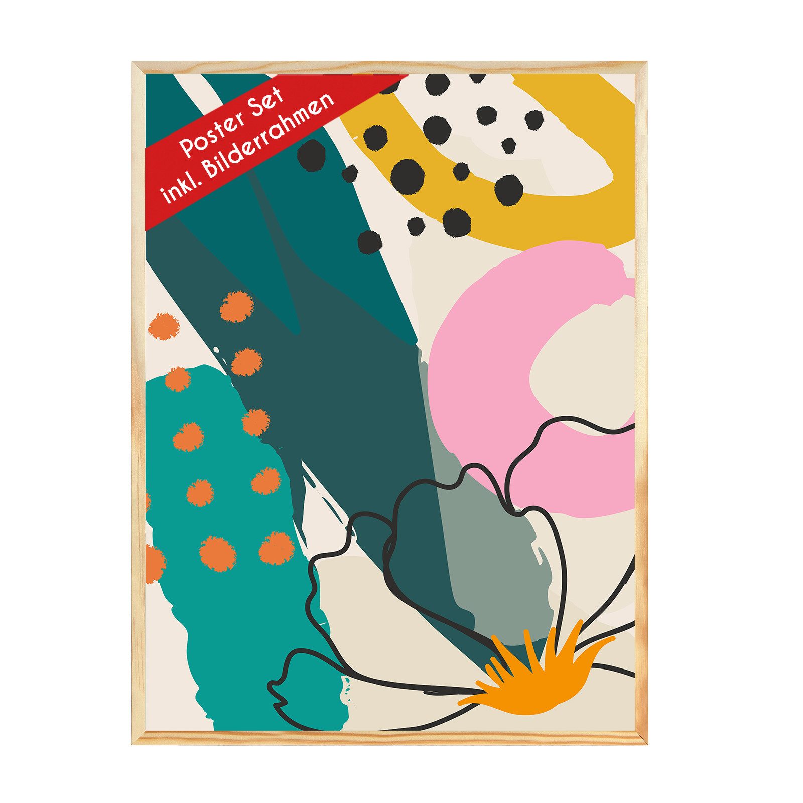 Wackadoo Living Bild mit Rahmen Poster mit modernen minimalistischen Motiven & Bilderrahmen mit Glas, (Motive: Abstrakte Kunst, Bilderrahmen aus Holz oder Kunststoff), kreative Wandbilder, Wanddeko, Kunstdrucke, weitere Motive & Größen