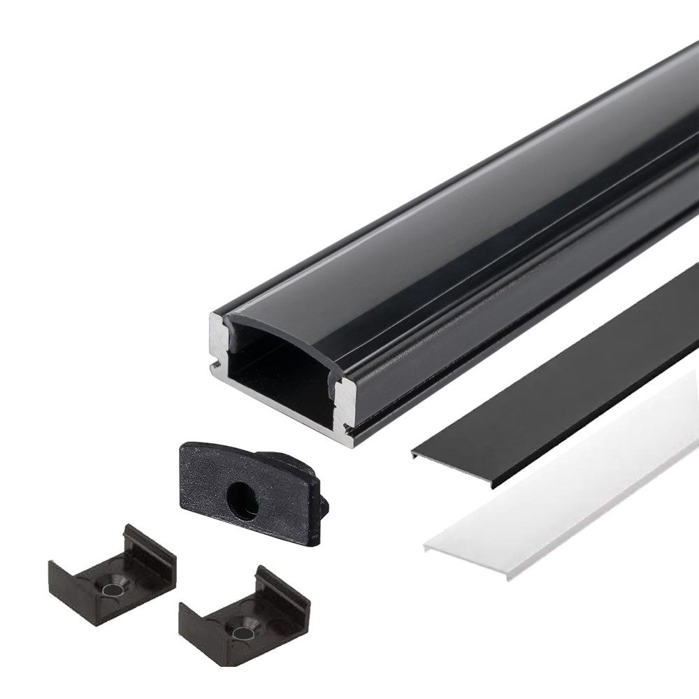 ENERGMiX LED-Stripe-Profil 2m schwarzer Alu Profile Alu Schiene LED Kanal System für LED-Streifen, für LED-Streifen mit Schwarzer und weiße Abdeckung Profil A-S