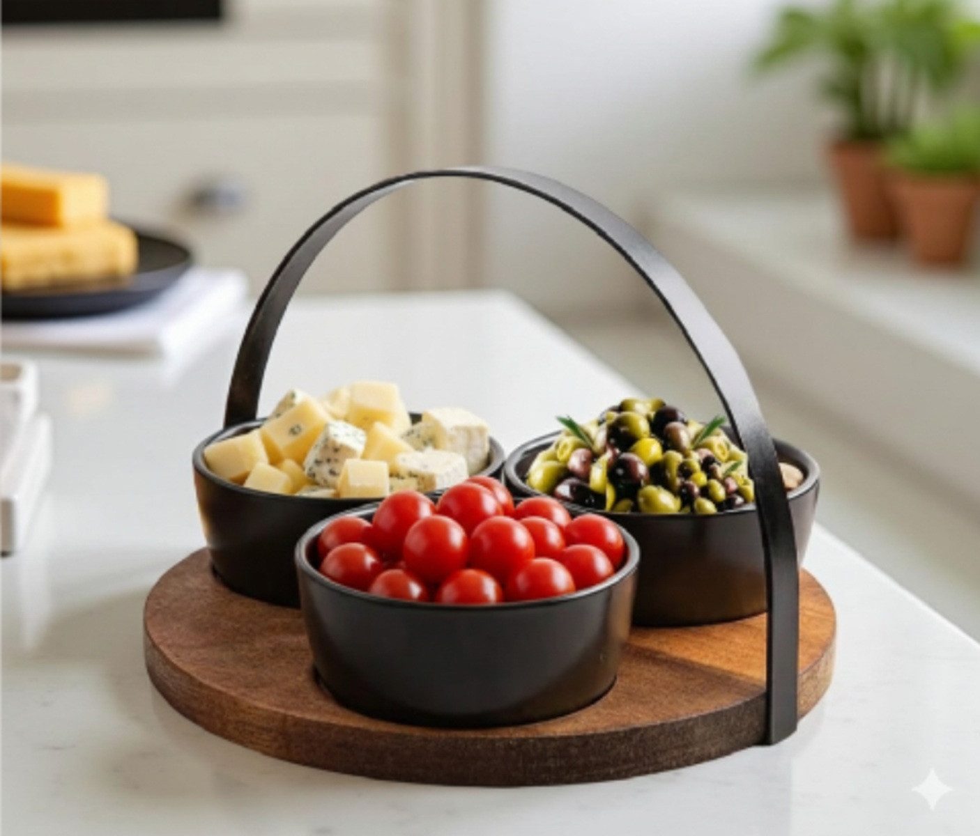 Cheffinger Servier-Set 4-tlg. Servierset mit 3 Schalen auf Bambus-Holztablett mit Griff, Keramik, Bambus, (4-tlg)