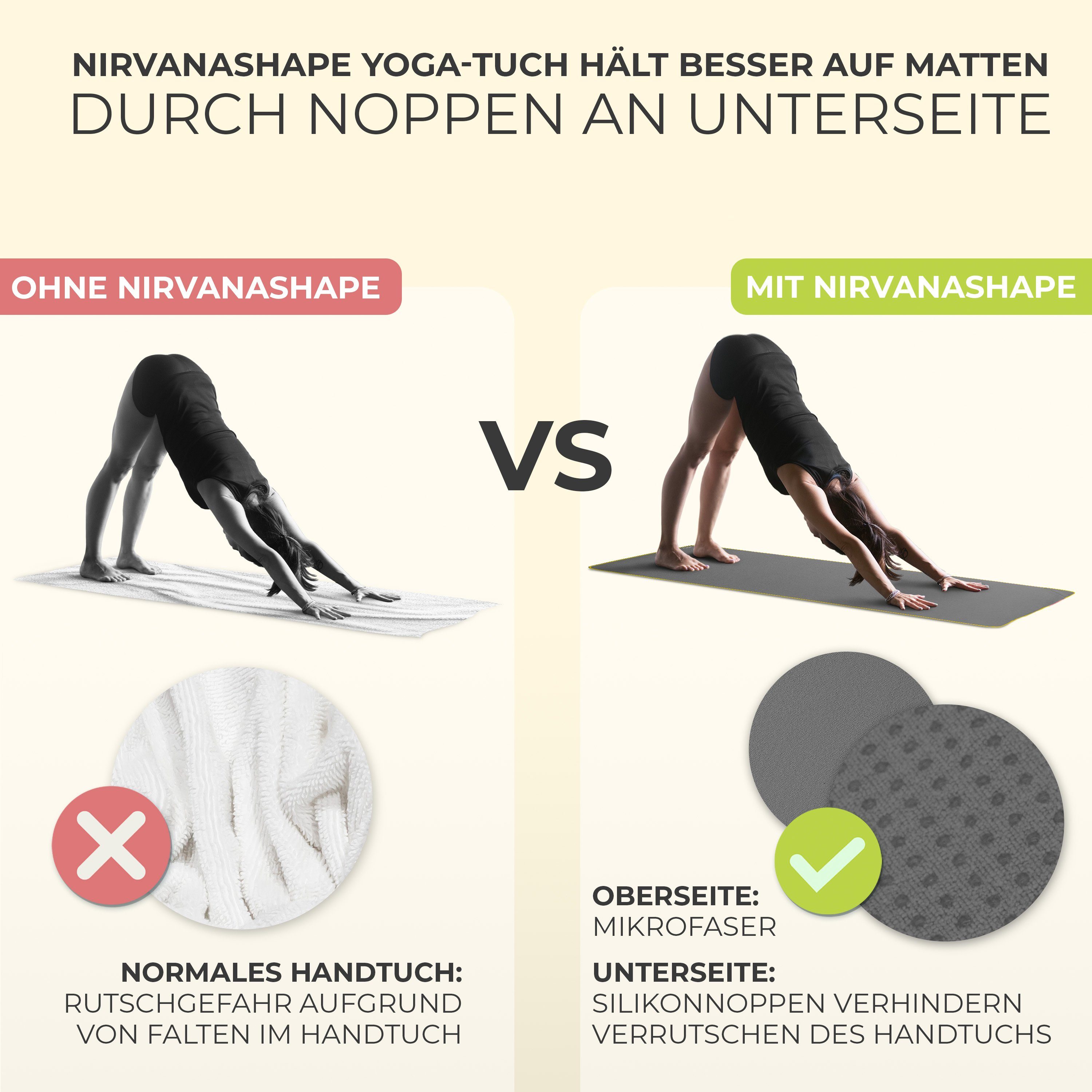 NirvanaShape Sporthandtuch Yoga Handtuch mit Antirutsch-Noppen, Yogatuch-Auflage für Yogamatte, Microfaser, +Yoga Einführungs eBook, Yogatuch-Auflage Saugstark, Hygienisch