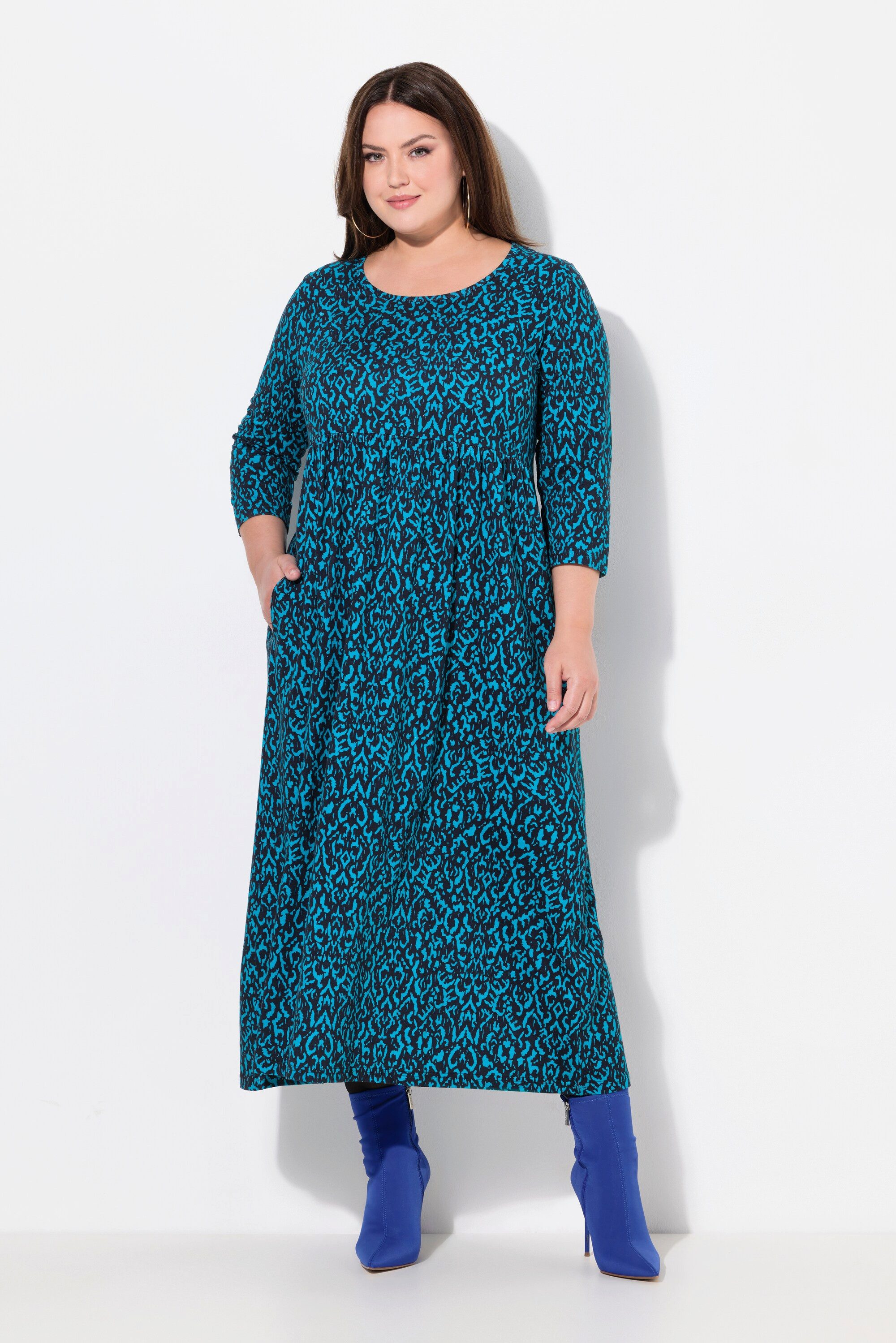 Ulla Popken Maxikleid Jerseykleid A-Linie V-Ausschnitt 3/4-Arm Taschen günstig online kaufen