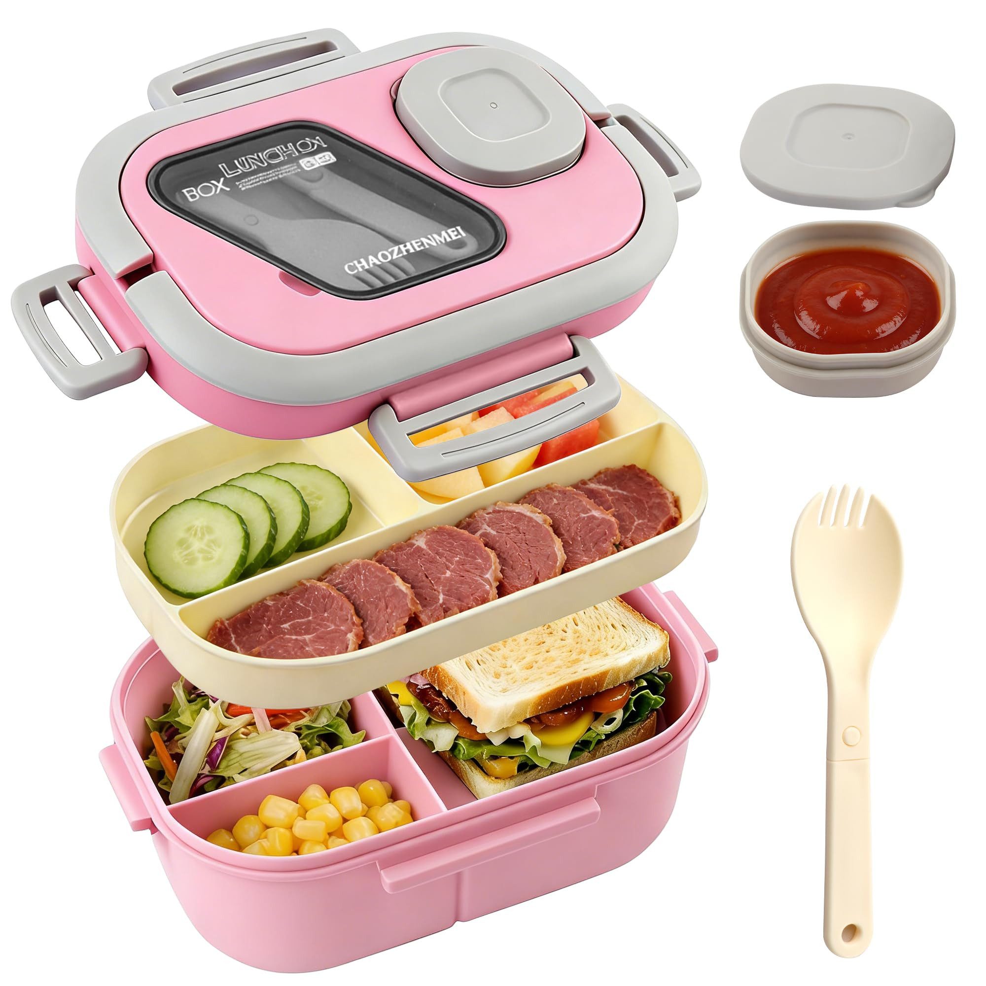 Diwzbyn Lunchbox Bento Box Lunchbox 2-stufig, 6 Fächer, Auslaufsicher, BPA-frei, Mit Saucenbehälter & Besteck, mikrowellengeeignet, 1200 ml