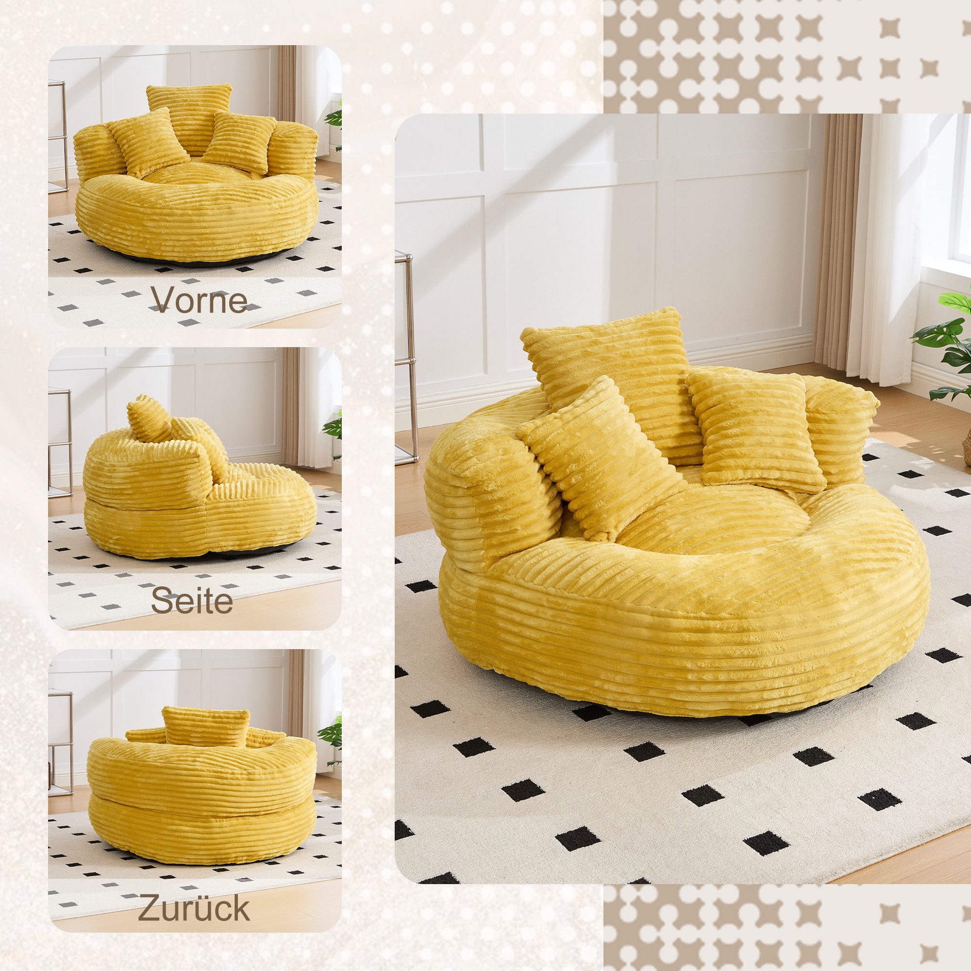 REDOM Sitzsack Einzelsofa, Wohnzimmer Sofa (aus Cordstoff mit hoher Rückenlehne und drei Kissen)