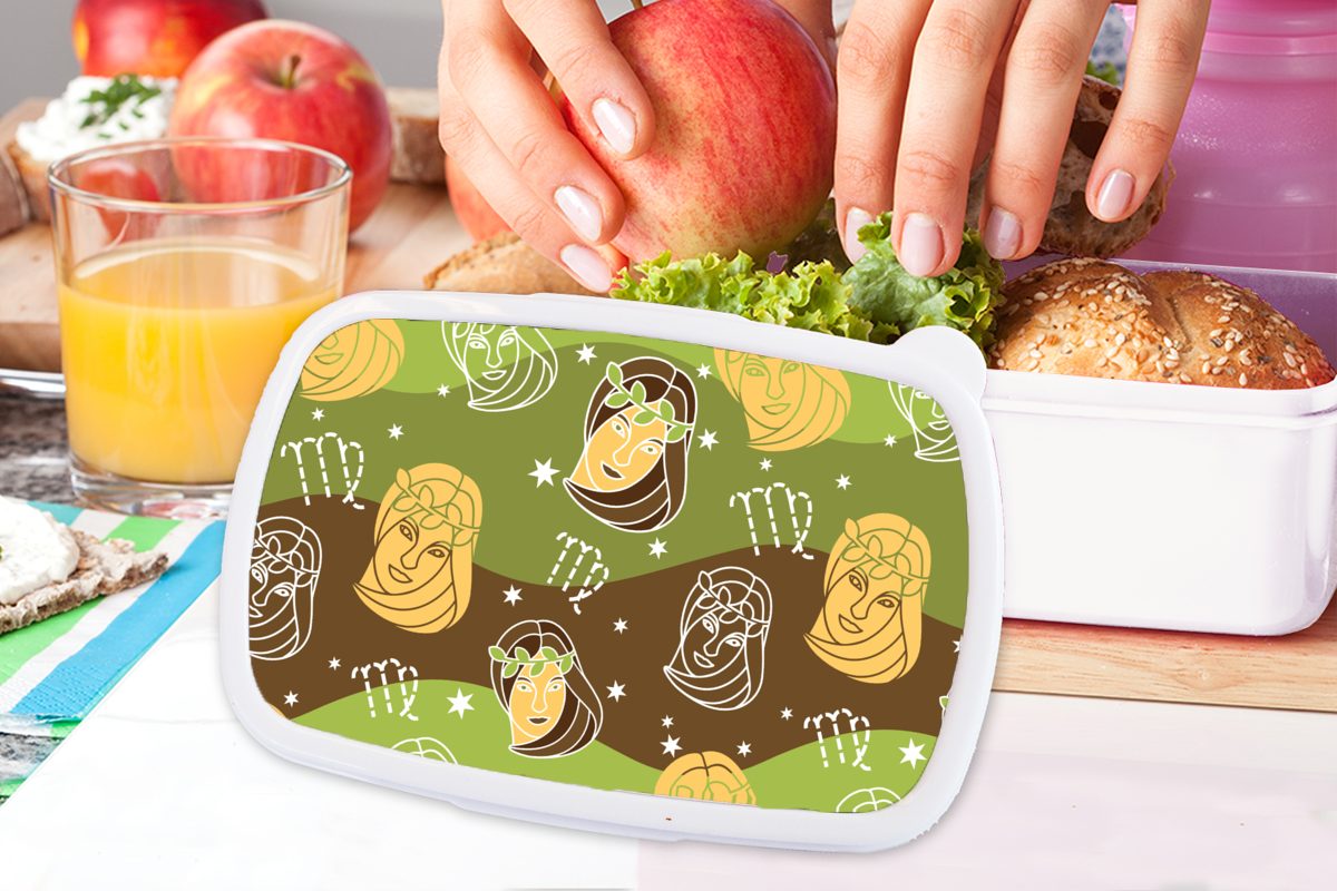 MuchoWow Lunchbox Jungfrau - Tierkreiszeichen Jungs Brotbox für weiß Erwachsene, Brotdose, für Muster, Kunststoff, Mädchen und (2-tlg), - Kinder und