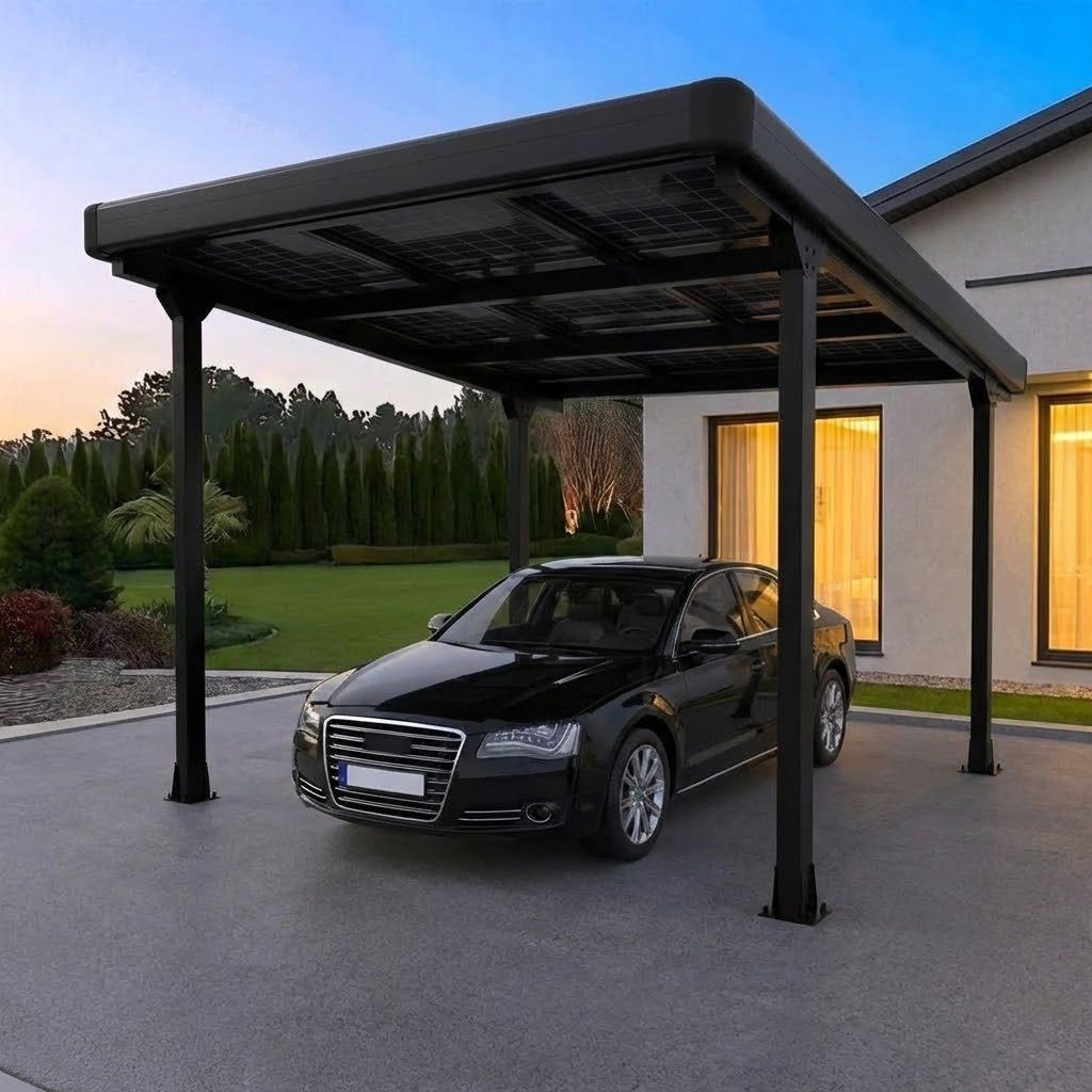 Home Feeling Einzelcarport Carport für ein Auto mit Umrandung + Regenrinne, Schwarz