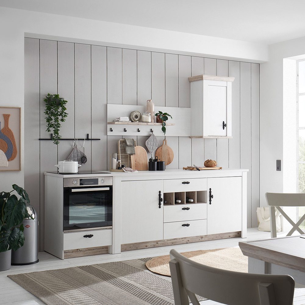 Lomadox Küchenzeile FERNA-61, 4-teilig, Pinie weiß mit Pinie dunkel, Softclose-Funktion, Landhaus