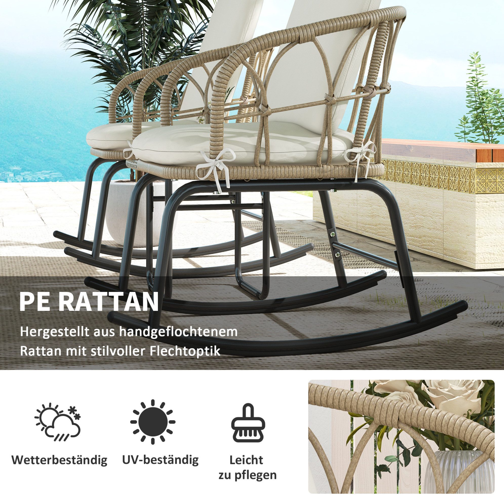 MODFU Sitzgruppe 3-teiliges Rattan Garten-Set mit 2 Schaukelstühlen, (Set, 3-tlg., Robuste Konstruktion für entspannte Stunden draußen), 63x82x75 cm Inkl. Couchtisch & Sitzkissen für Terrasse, Balkon