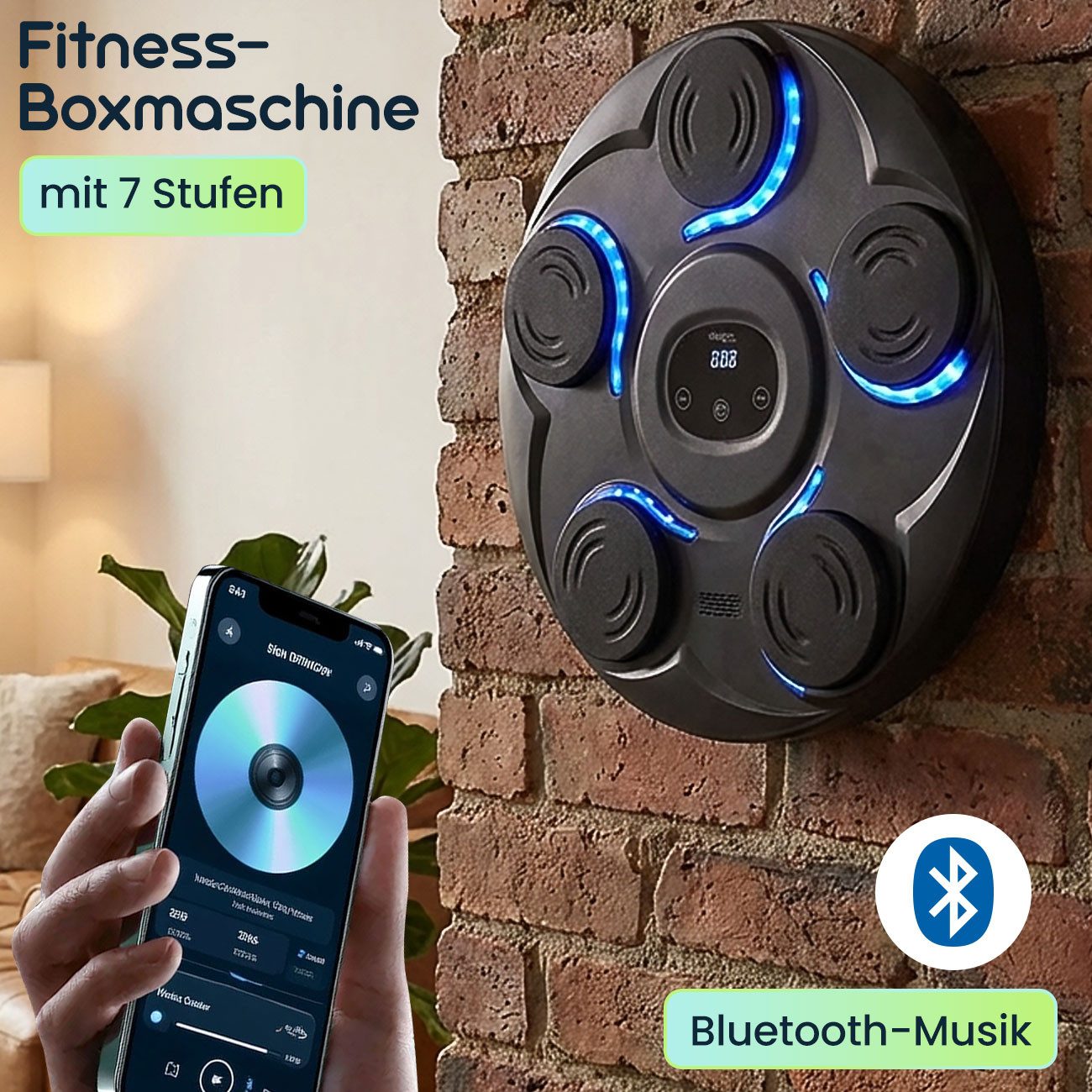 shop'n smile ideoon Boxmaschine Musik-Boxmaschine mit Bluetooth 7 Stufen Fitness-Trainer mit BT, LED-Zielen & Boxhandschuhen/kabellos/Boxing-Maschine
