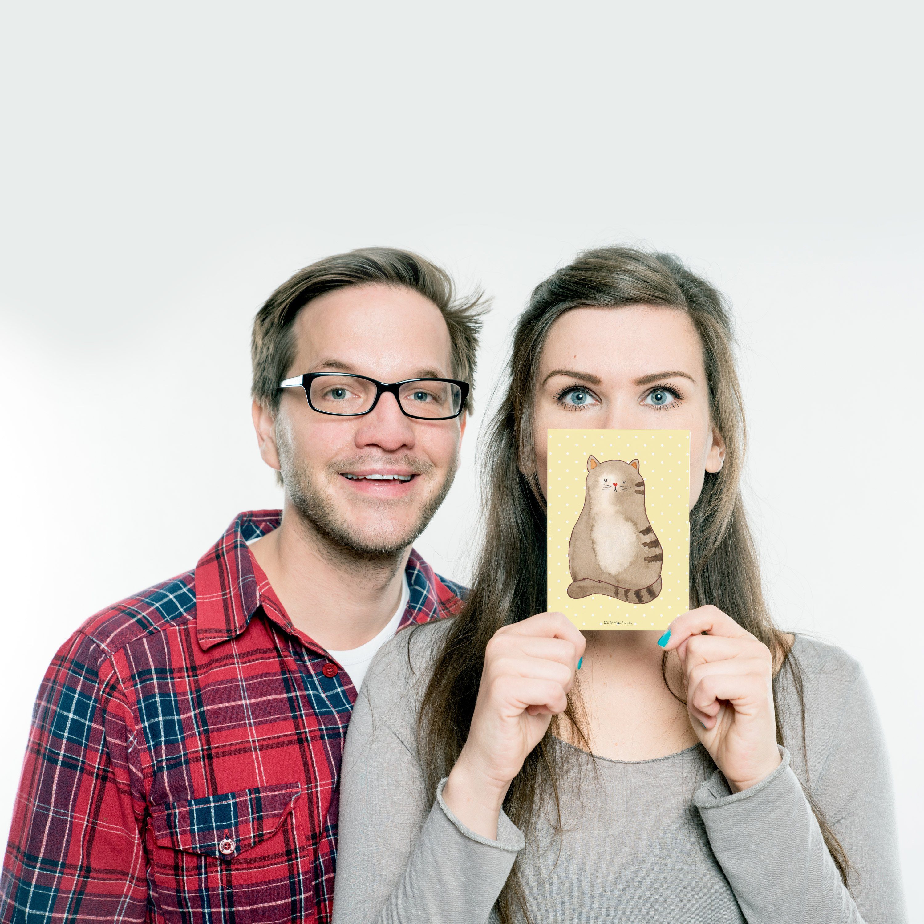 Mr. & Mrs. Panda Postkarte Gelb Pastell Dankeskart sitzend Geschenk, Karte, - - Katze Katzenfan