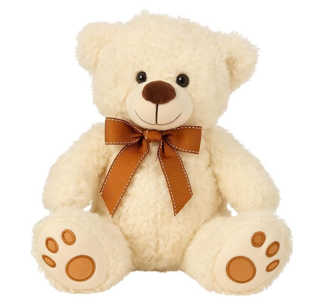 mucHome Sitzbank Plüsch Teddybär, 26 cm Höhe, Weiß, Kuscheltiere mit Schleife
