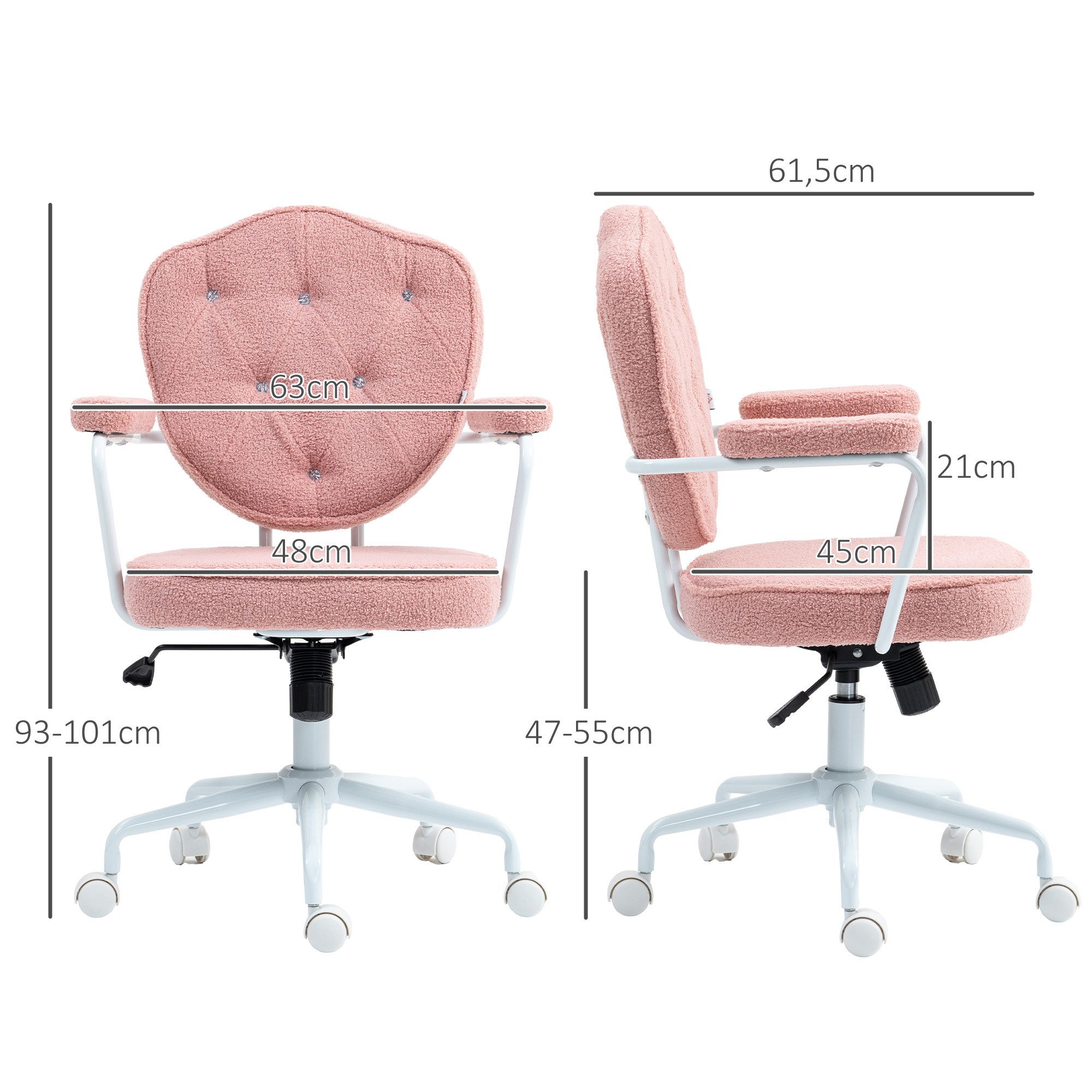 HOMCOM Bürostuhl Ergonomisch Schreibtischstuhl Wippfunktion höhenverstellbar (Computerstuhl, 1 St), für Home Office, Teddybärvlies, Rosa – Bild 3 von 5