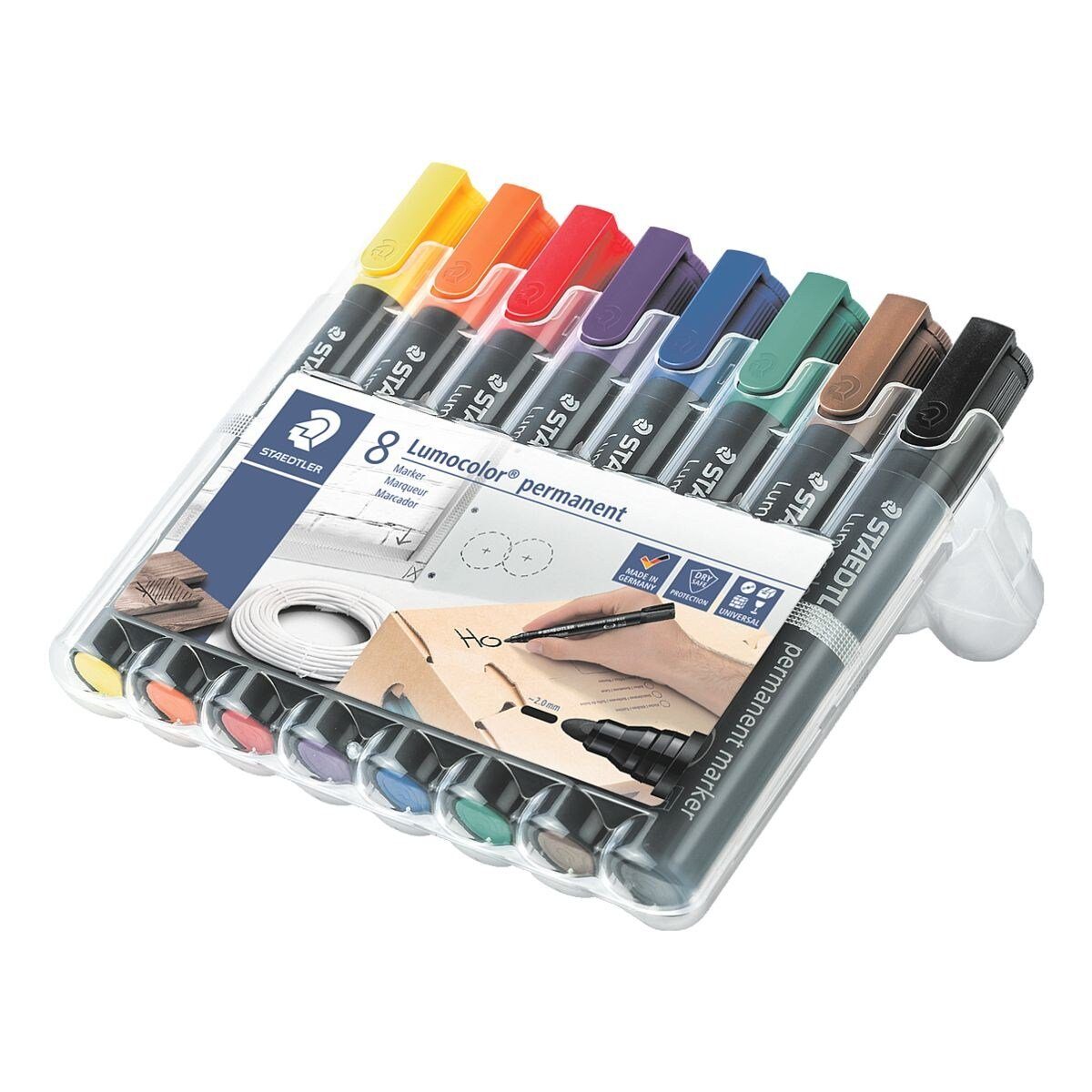 STAEDTLER Permanentmarker Lumocolor, (8-tlg), wetterfest blau, braun, gelb, grün, lila, orange, rot, schwarz | Permanent-Marker