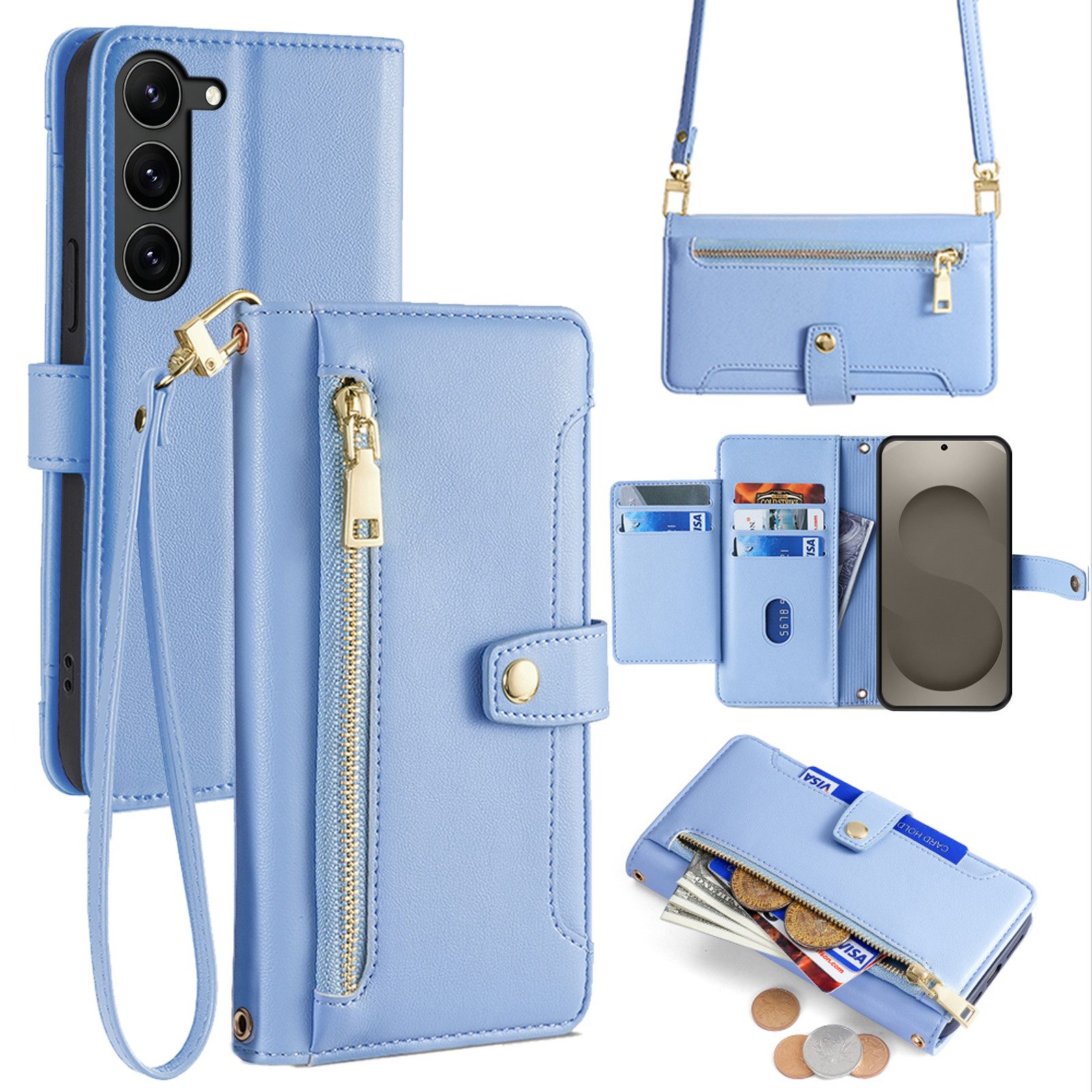 betterfon Handykette für Samsung Galaxy Leder Umhänge Hülle mit Kartenfächer, 5 Kartenfächer + verstellbare Kette & Standfunktion mit TPU-Schutz