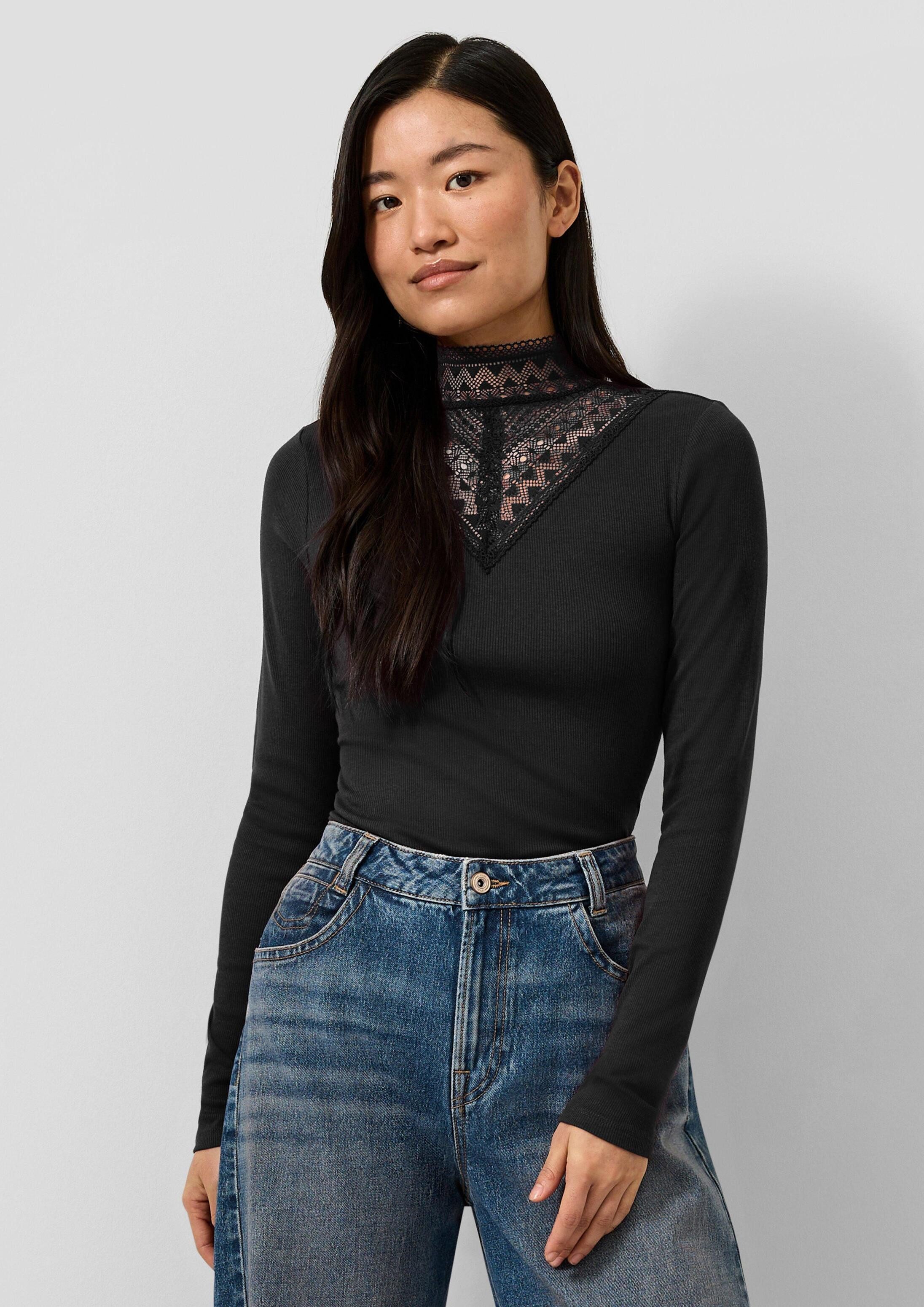 QS Langarmshirt T-Shirt Rippshirt mit Spitzeneinsatz und Stehkragen