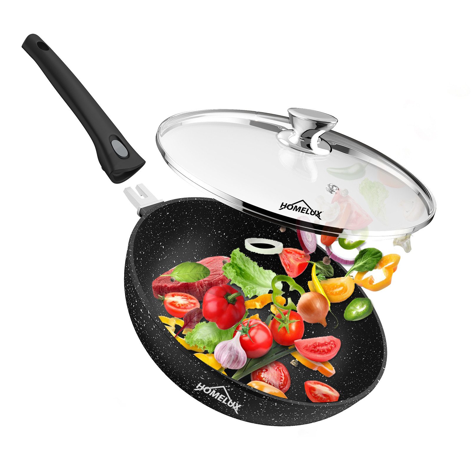 HOMELUX Bratpfanne Wokpfanne 28/30/32cm Pfanne Induktion mit Glasdeckel Abnehmbarer Griff, Aluminium (Antihaft, alle Herdarten)