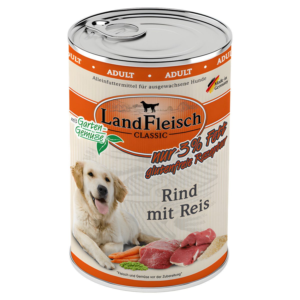 LANDFLEISCH Classic Rind mit Reis & Gartengemüse extra mager 400 g - 6 Stück, Nassfutter für: Hund von LANDFLEISCH
