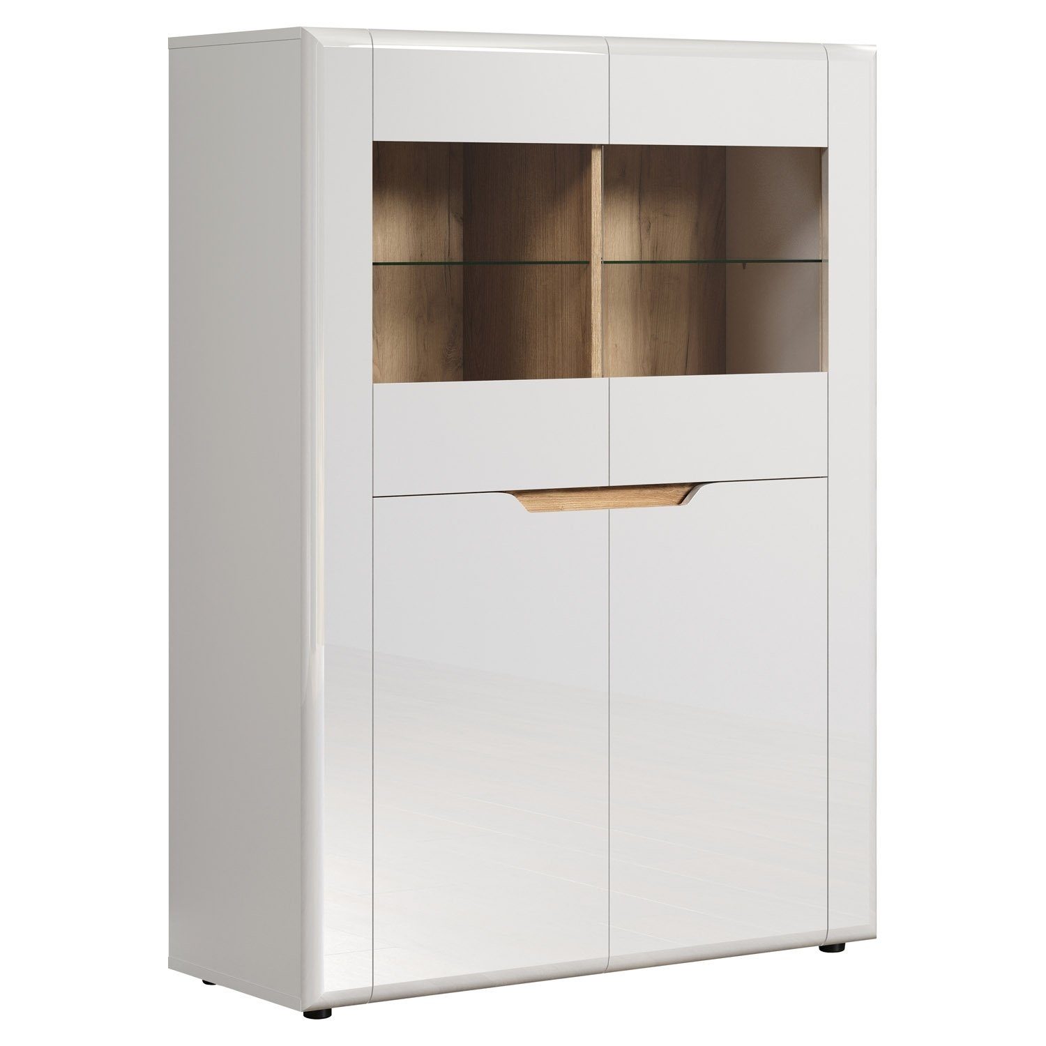Highboard MARLON, B 96 cm, H 132 cm, Weiß Hochglanz, Evoke Eiche Dekor