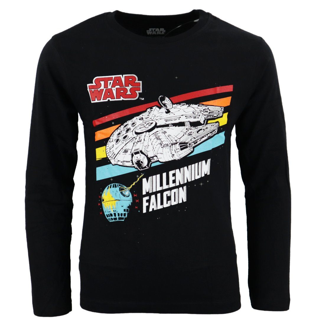Star Wars Langarmshirt Kinder Gr. 164, bis Shirt Millennium Wars Falcon Baumwolle 134 Star Schwarz 100% langarm Jugend