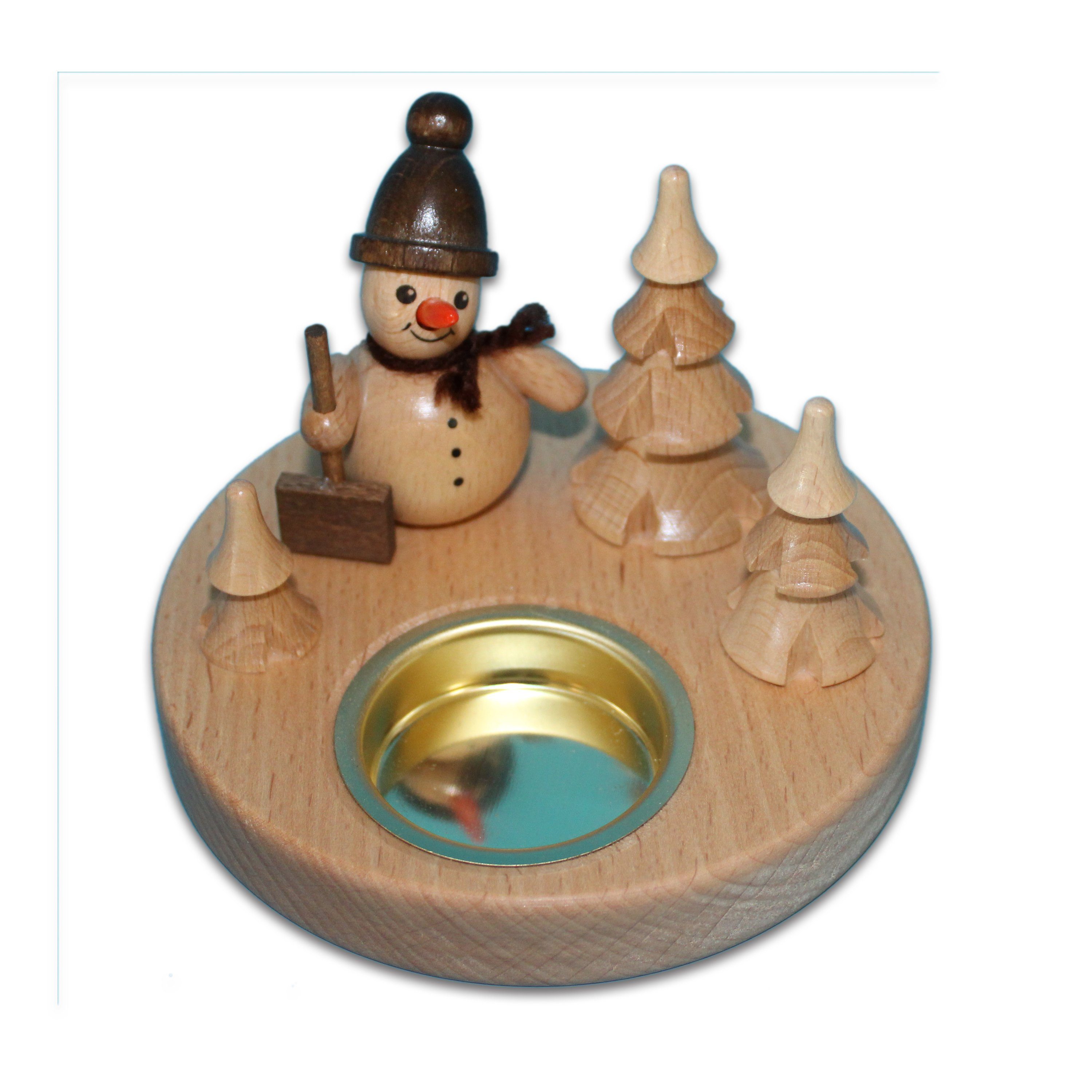 Holzwaren Natur -, mit - Egermann süßem Teelichthalter Schneemann Made Germany mit in Schneemannleuchter - 11cm Schneeschieber