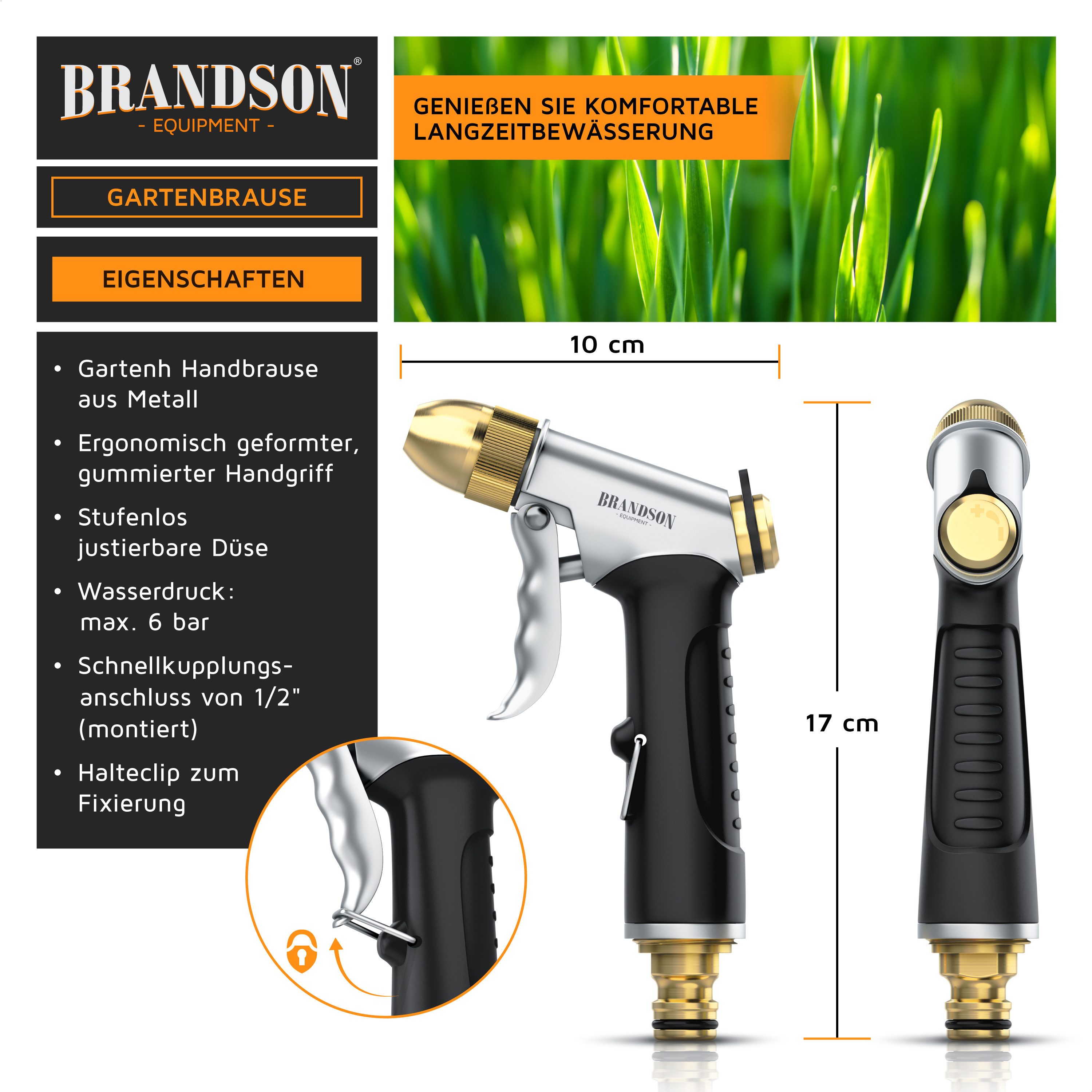 Brandson Sprühregner Garten Handbrause, Metall Gartenpistole, Gartenbrause, Pistolengriff, (1-St., Vollmetall Brause mit Messing-Sprühkopf, 1/2", bis 6 bar), stufenlos justierbare Düse, gummierter Griff Schnellkupplungsanschluss