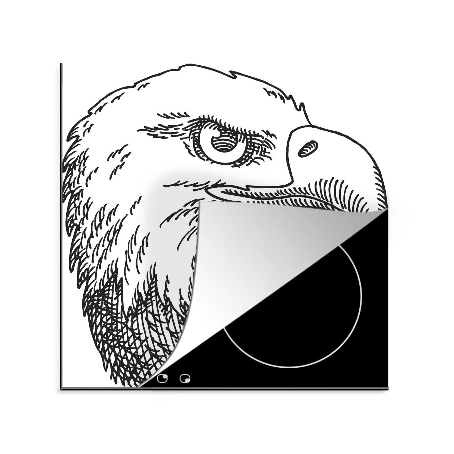 MuchoWow Herdblende-/Abdeckplatte Schwarz-Weiß-Abbildung des Kopfes eines Weißkopfseeadlers, Vinyl, (1 tlg), 78x78 cm, Ceranfeldabdeckung, Arbeitsplatte für küche