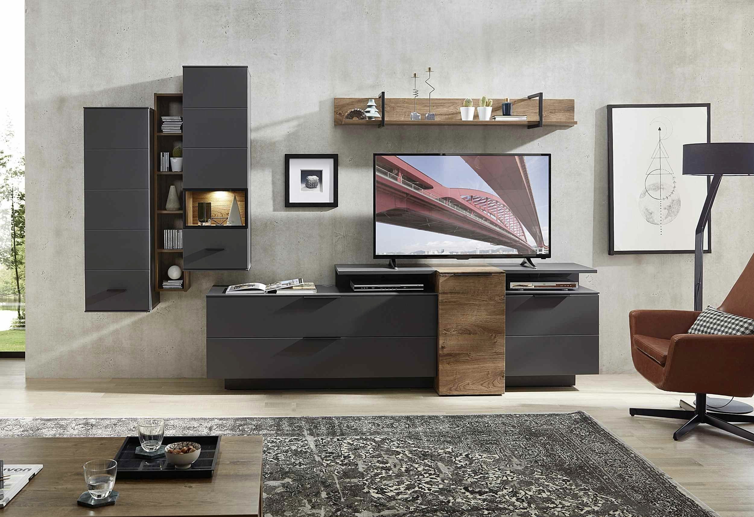 moebel-dich-auf Wohnwand MEDIANA 1, (Wohnzimmer-Set in graphit / Haveleiche Cognac Nb., 2 Hängevitrinen + Hängeregal + Wandboard + Lowboard), Metallgriffe, optional mit Couchtisch und Sideboard