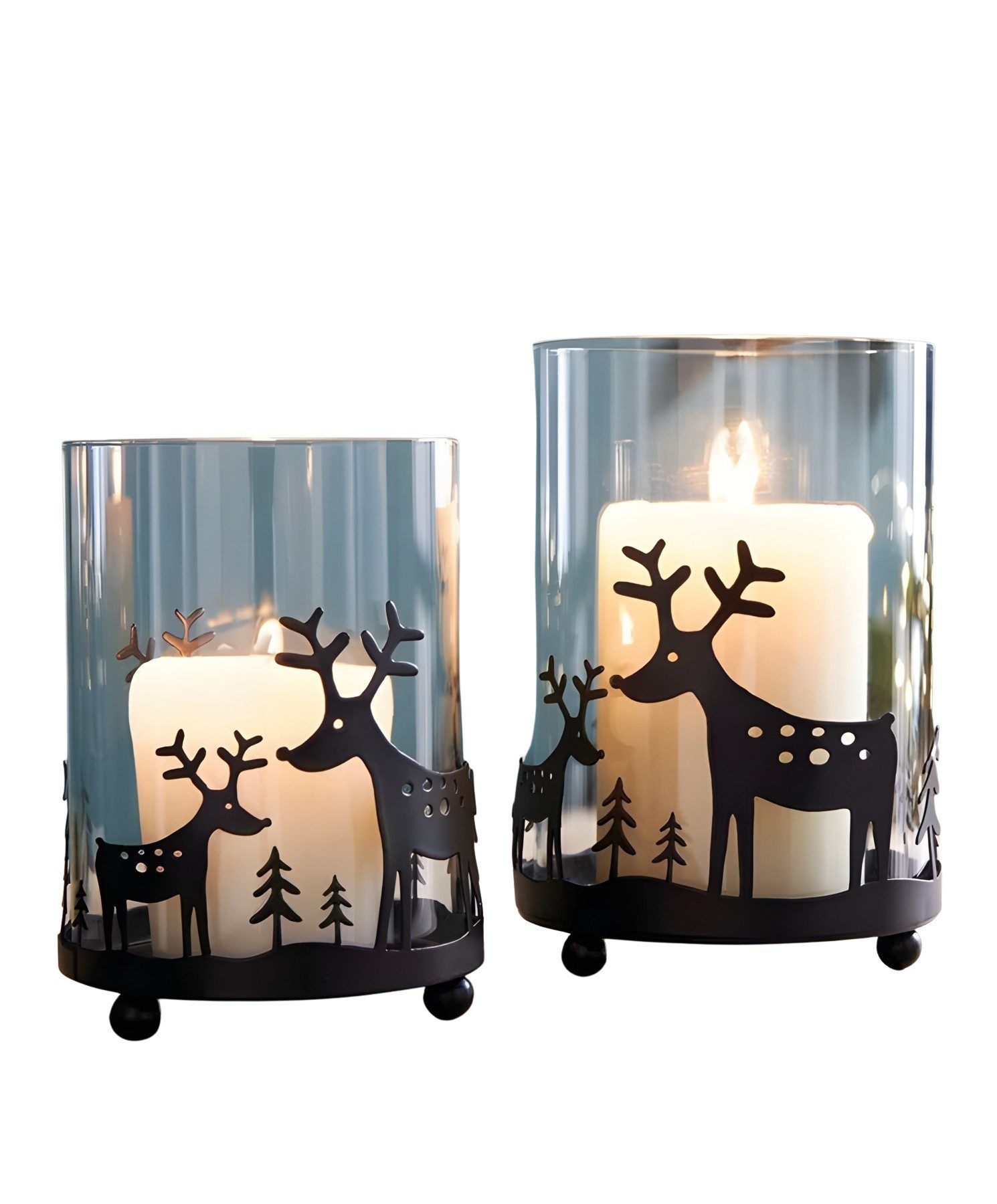 Dekoleidenschaft Windlicht "Rentiere" aus Metall, schwarz & Glas, 11 + 13 cm hoch, Торшеры (2 St., im Set), Kerzenglas für Stumpenkerzen, Windlichtglas, Glaswindlicht