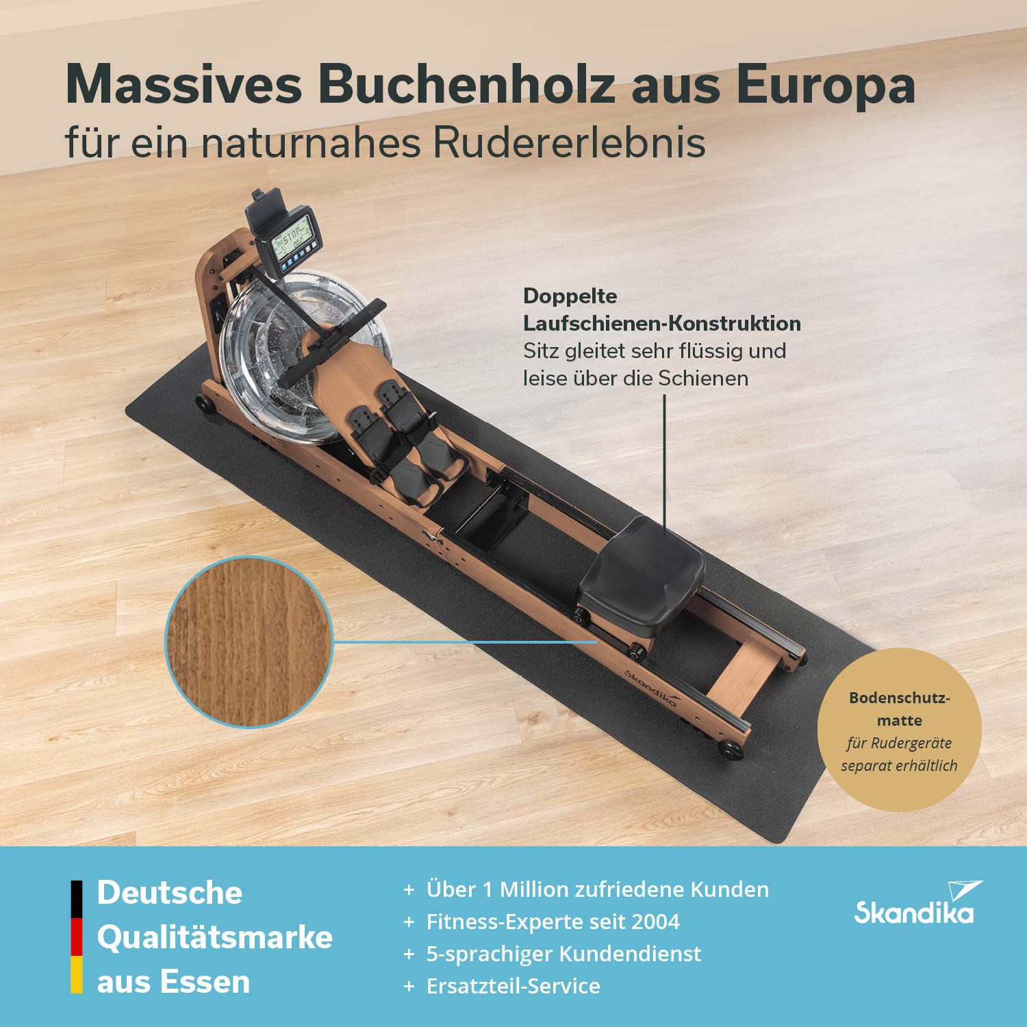 Skandika Rudergerät Nytta, Wasserrudergerät für Zuhause, Buchenholz, Transportrollen, 45° Tank, klappbar, Kinomap App, LCD-Display, Bluetooth, bis 150 kg